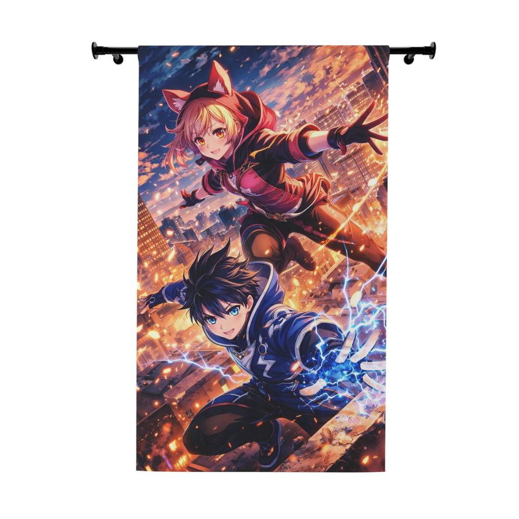 Anime Rooftop Duo Window Curtain | City Nightscape, Action Characters