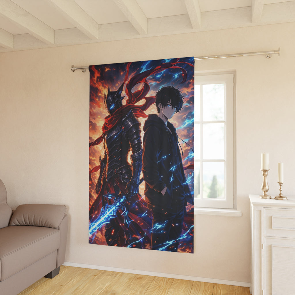 Anime Dark Knight & Hero Window Curtain – Epic Flame & Lightning Wall Drape