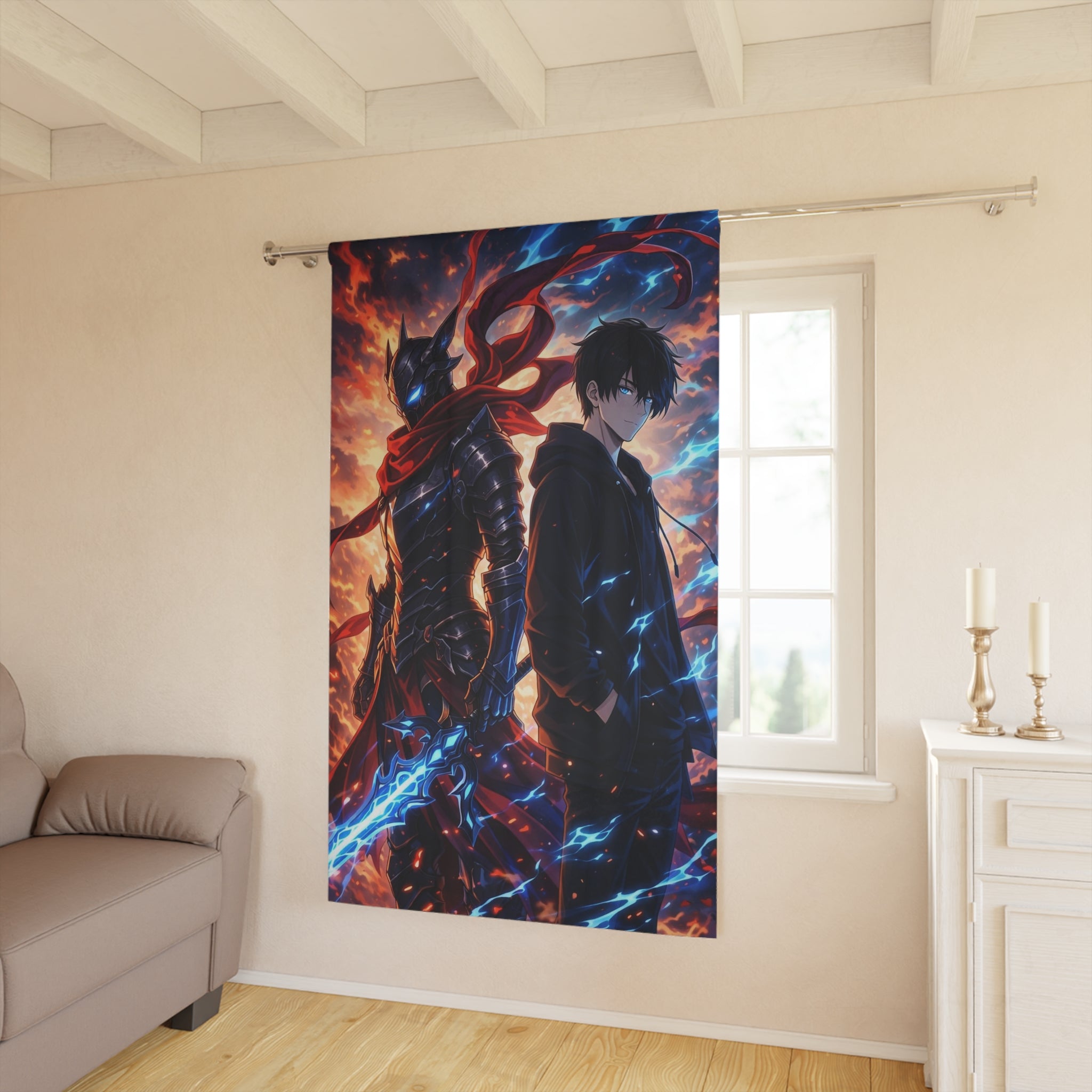 Anime Dark Knight & Hero Window Curtain – Epic Flame & Lightning Wall Drape
