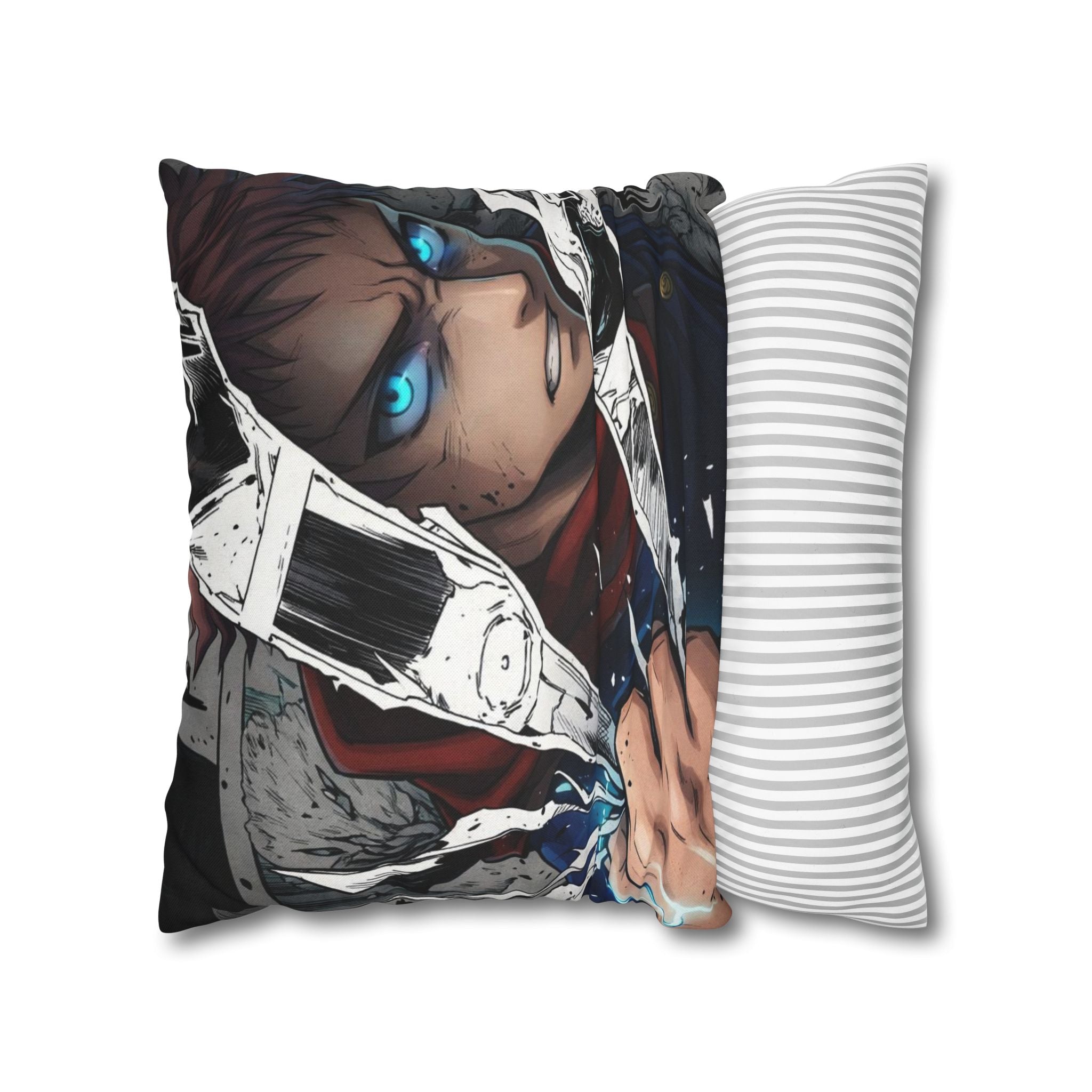 Angry Anime Warrior Spun Polyester Square Pillowcase | Blue Glowing Eyes
