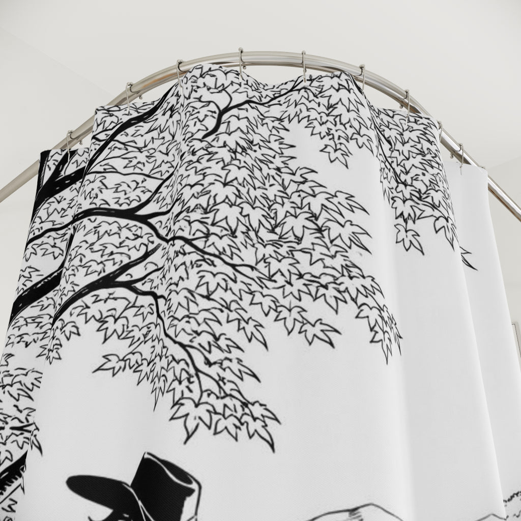 Cowboy by the Lake Shower Curtain | Western Black White Illustration