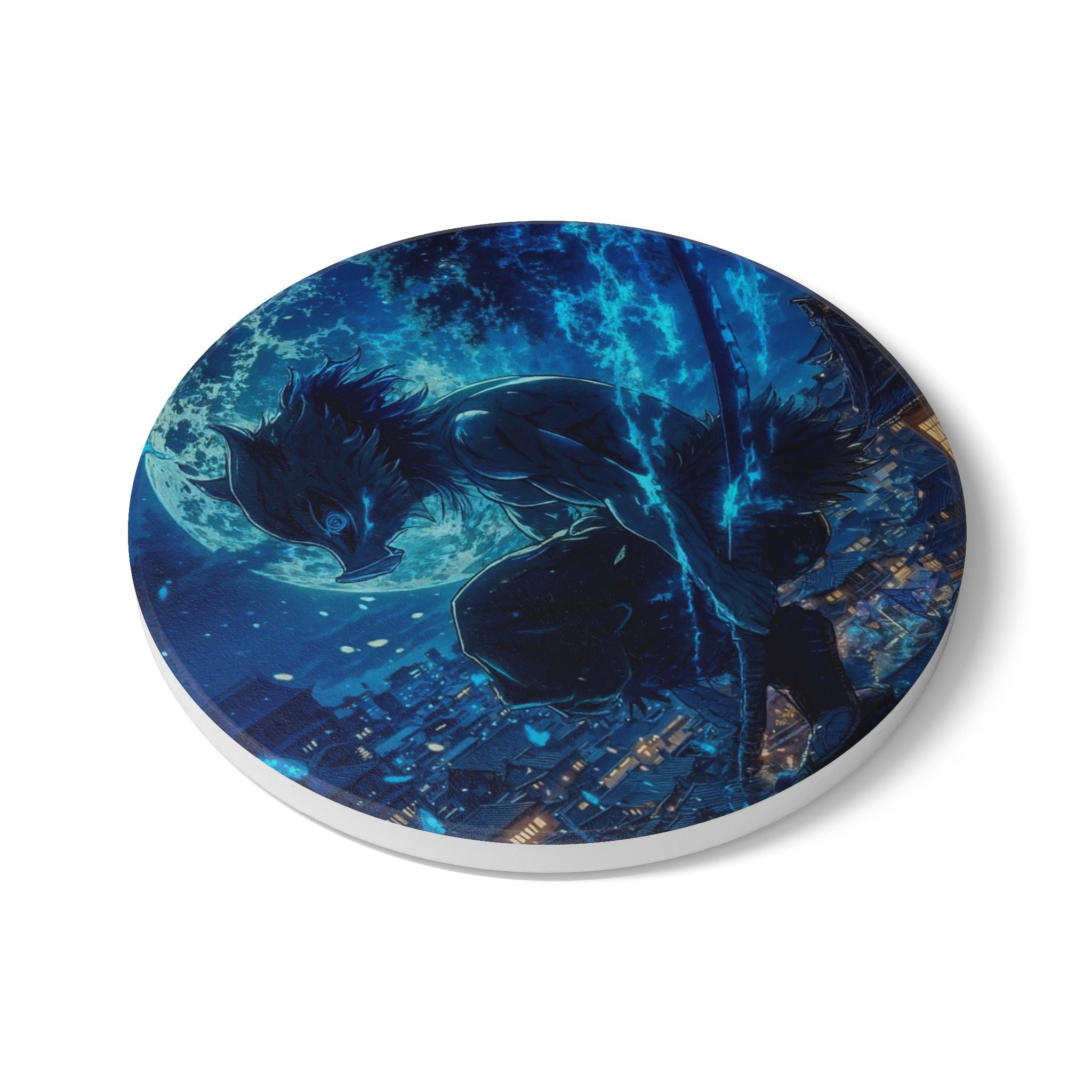 Moonlit Werewolf Ceramic Coaster | Night Skyline, Blue Fantasy