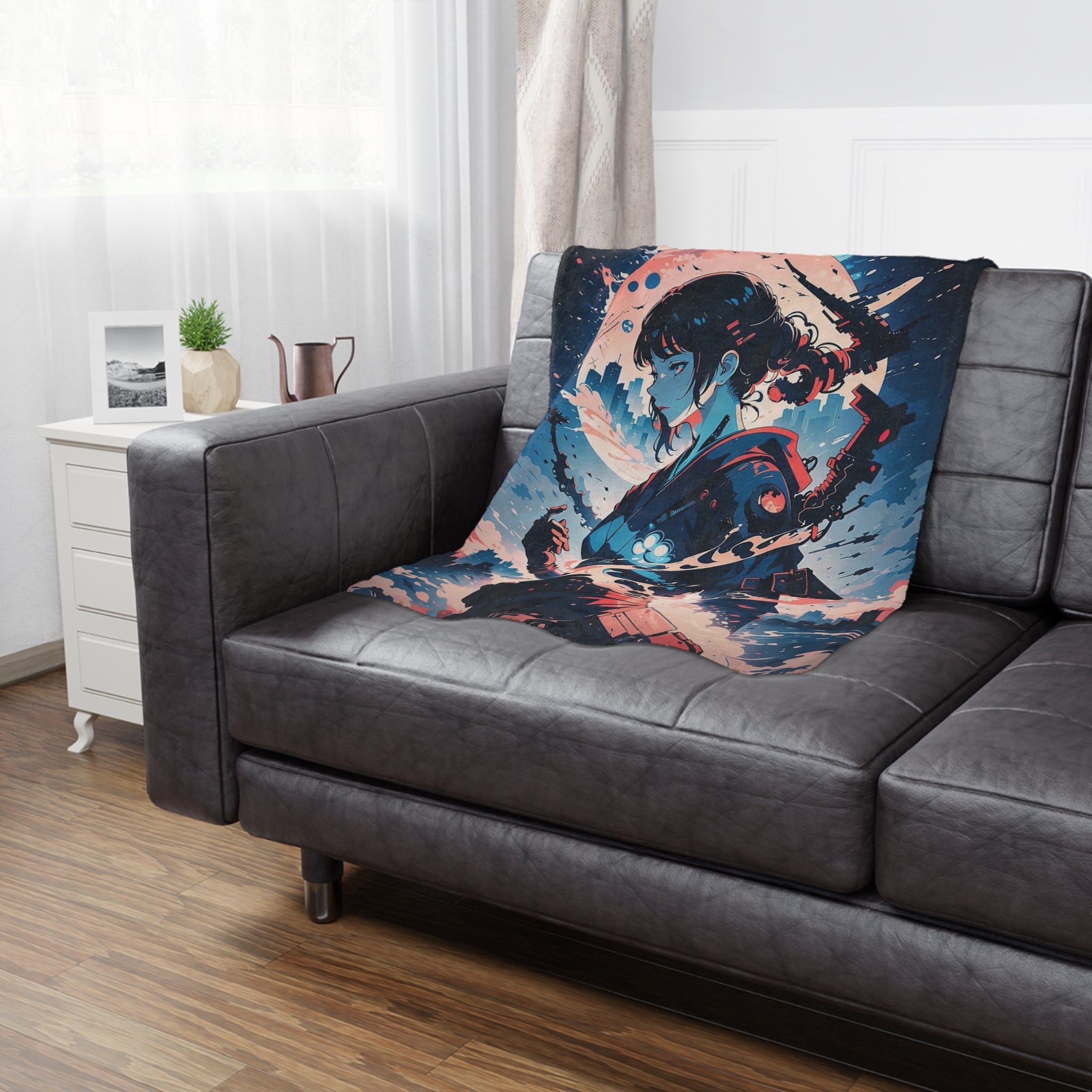 Samurai Girl Moonlight Minky Blanket | Anime Warrior Art