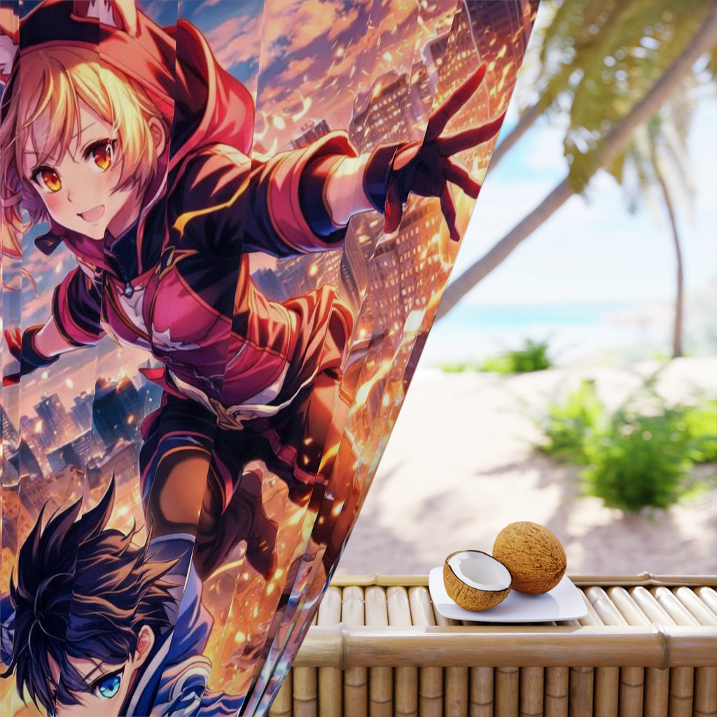 Anime Rooftop Duo Window Curtain | City Nightscape, Action Characters