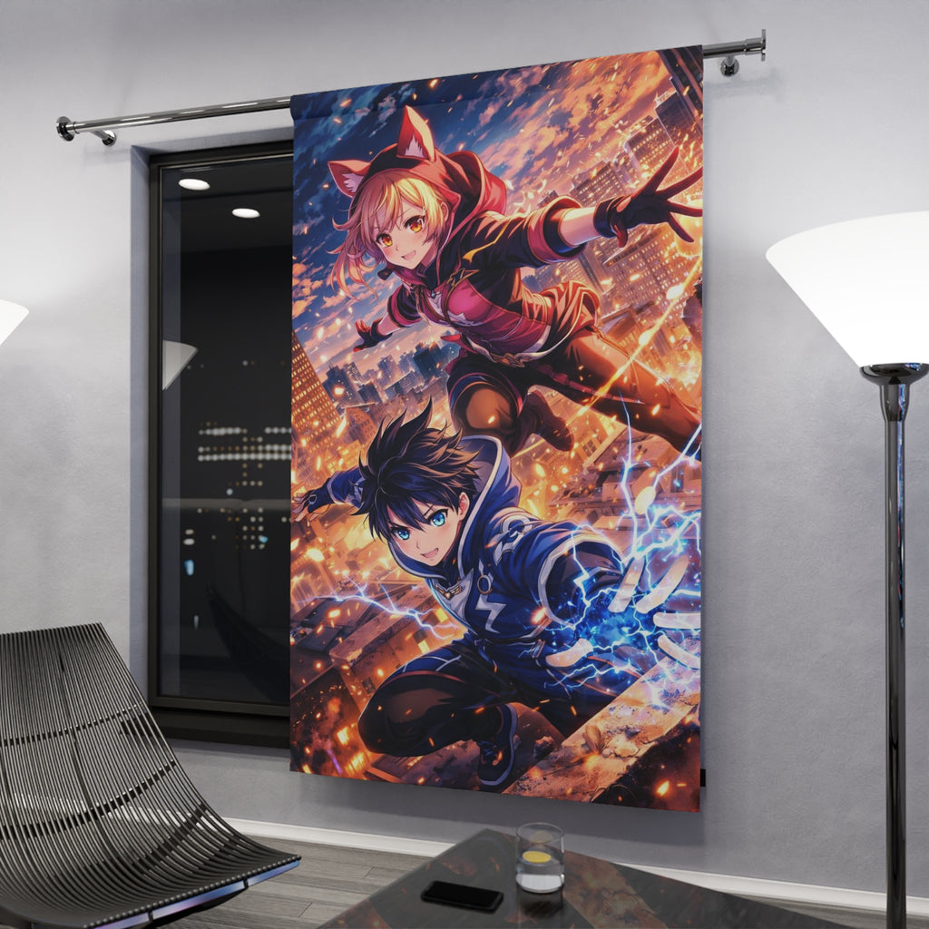 Anime Rooftop Duo Window Curtain | City Nightscape, Action Characters
