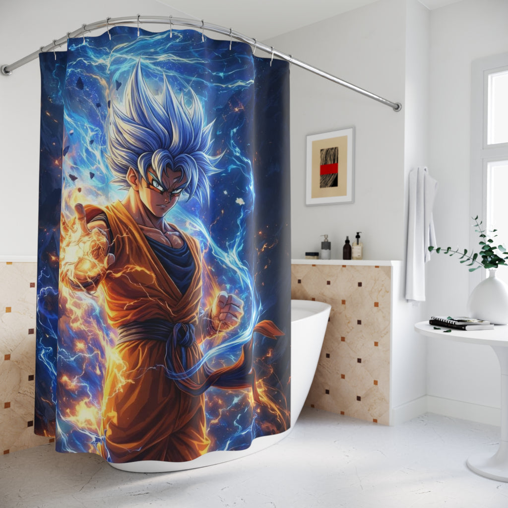 Blue Flame Super Warrior Shower Curtain | Anime warrior Bathroom Decor
