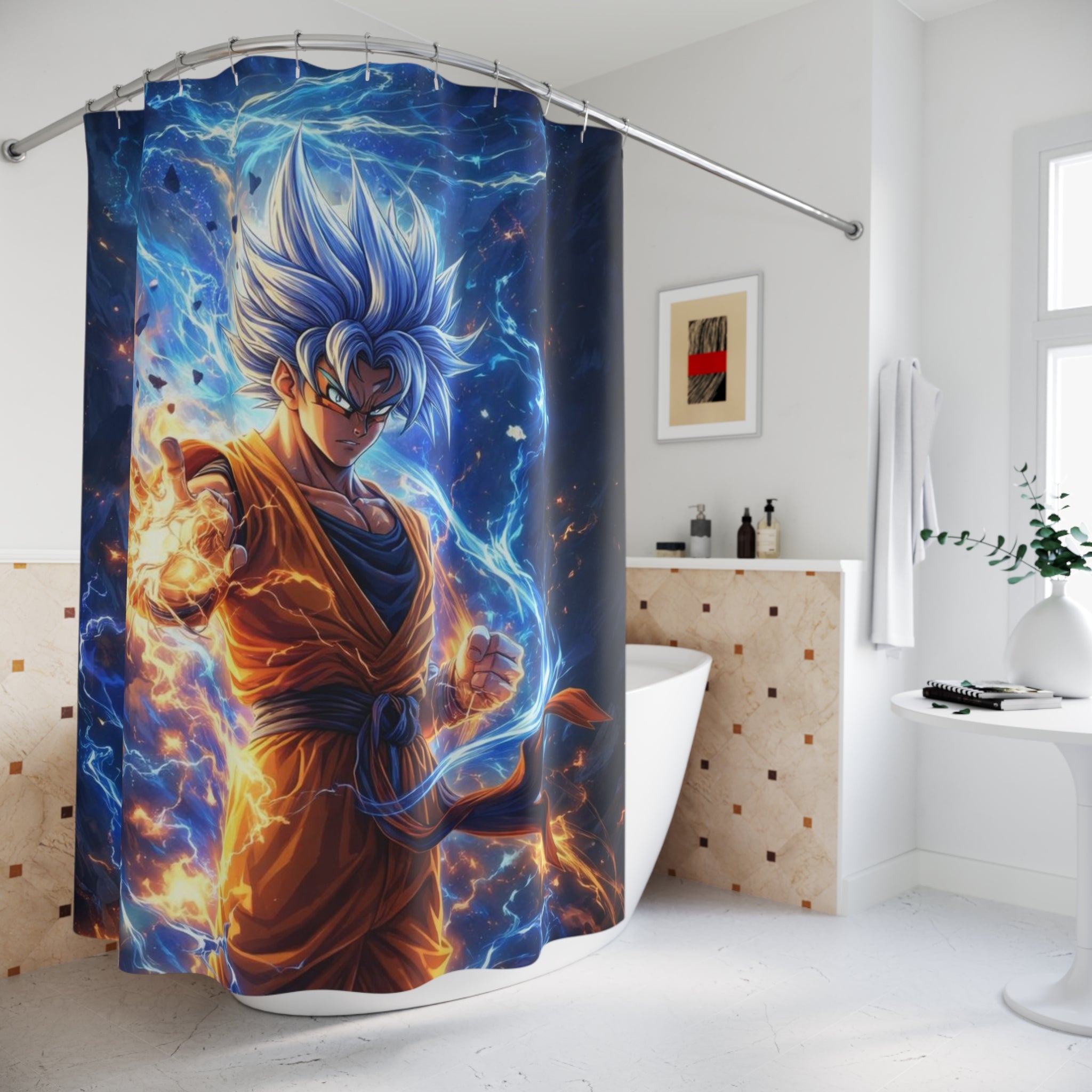 Blue Flame Super Warrior Shower Curtain | Anime warrior Bathroom Decor