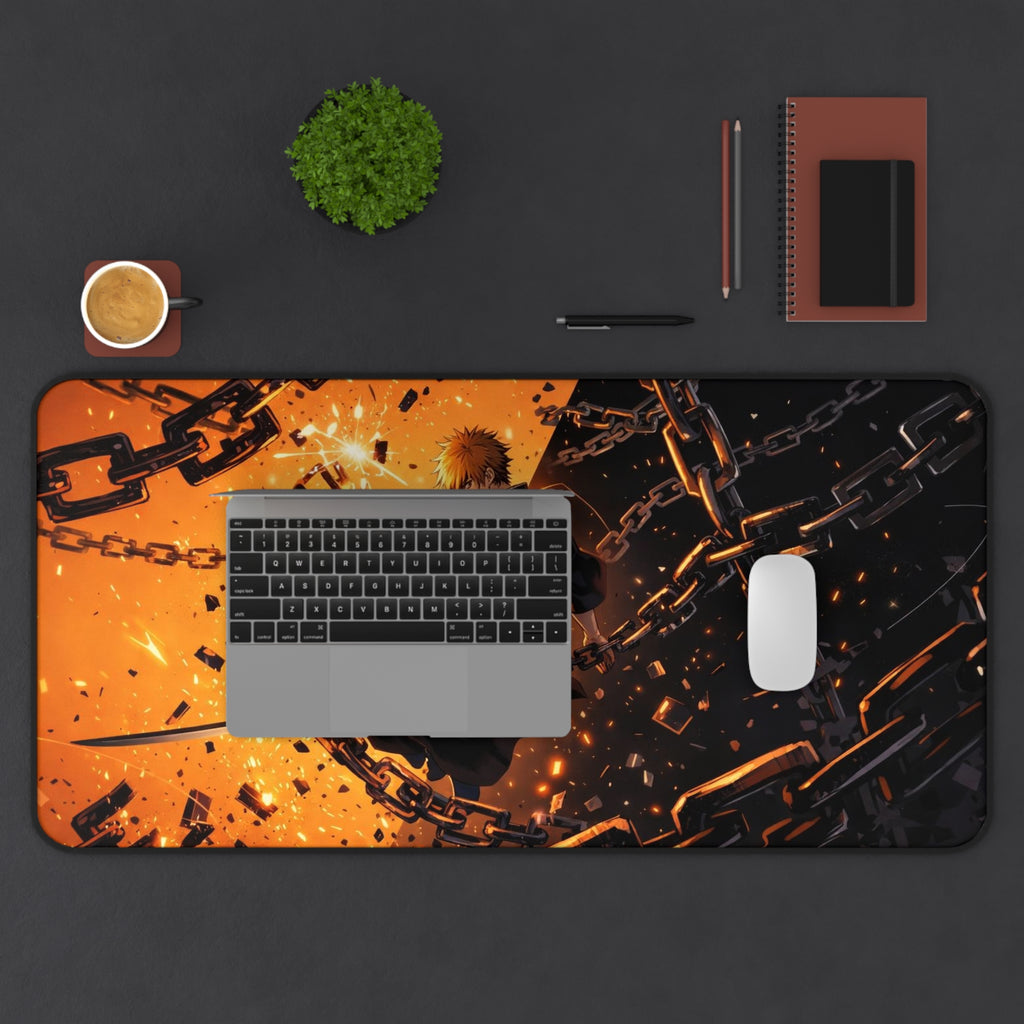 Anime Sword Warrior Desk Mat — Fiery Chains Gaming Mouse Pad