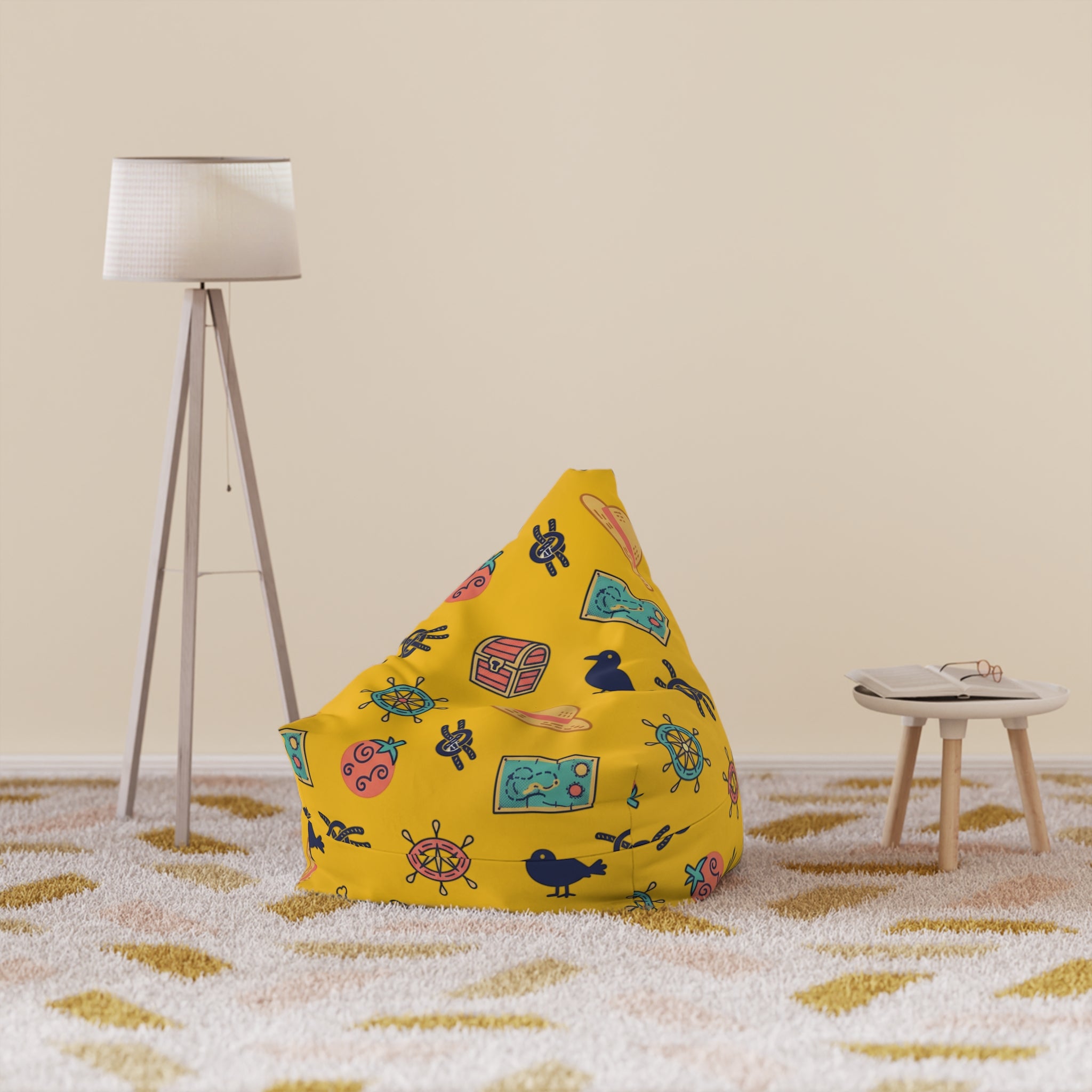 Nautical Treasure Yellow Bean Bag Cover — Pirate Map, Ship Wheel & Chest Pattern