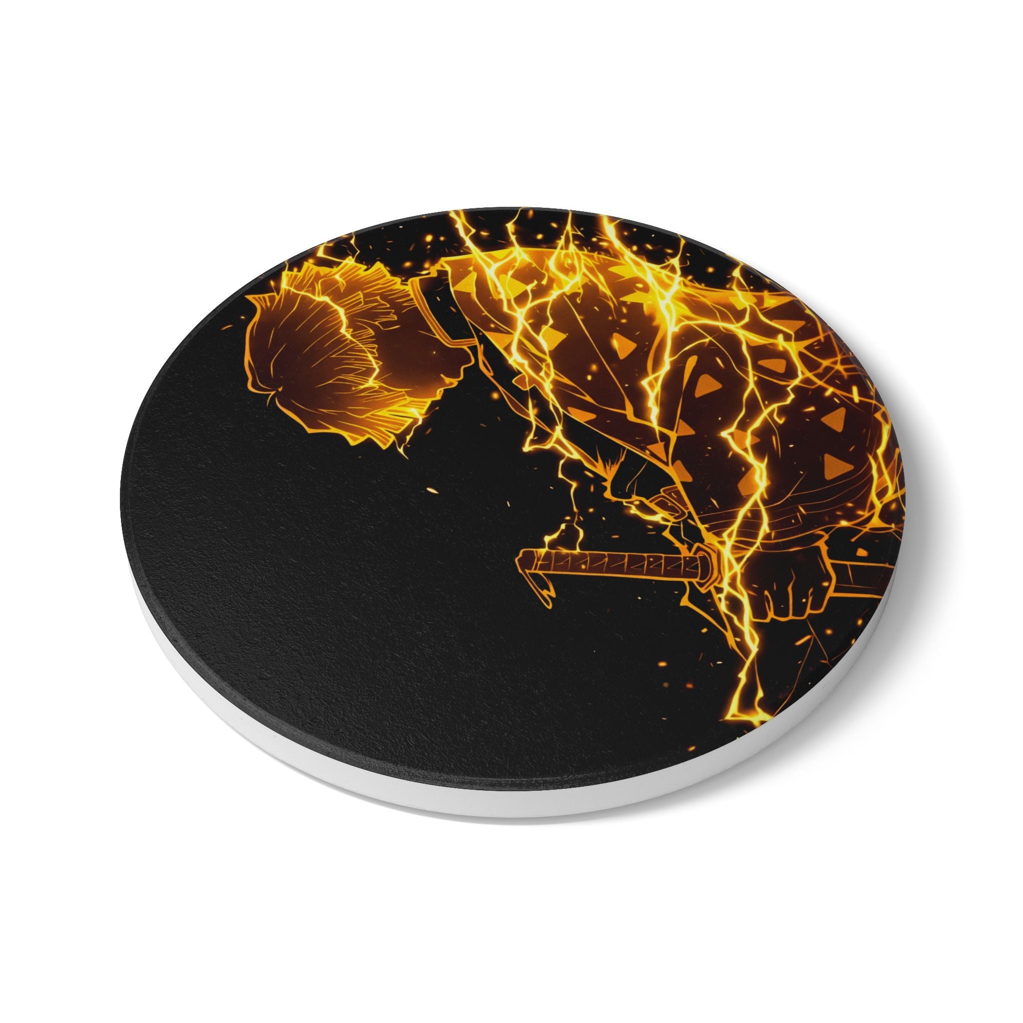 Flaming Samurai Silhouette Ceramic Coaster | Anime Sword Scene