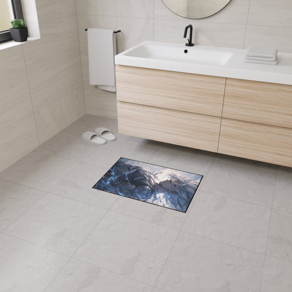 White-Haired Anime Warrior floor mat | Gaming Room Decor, Non-Slip Rug