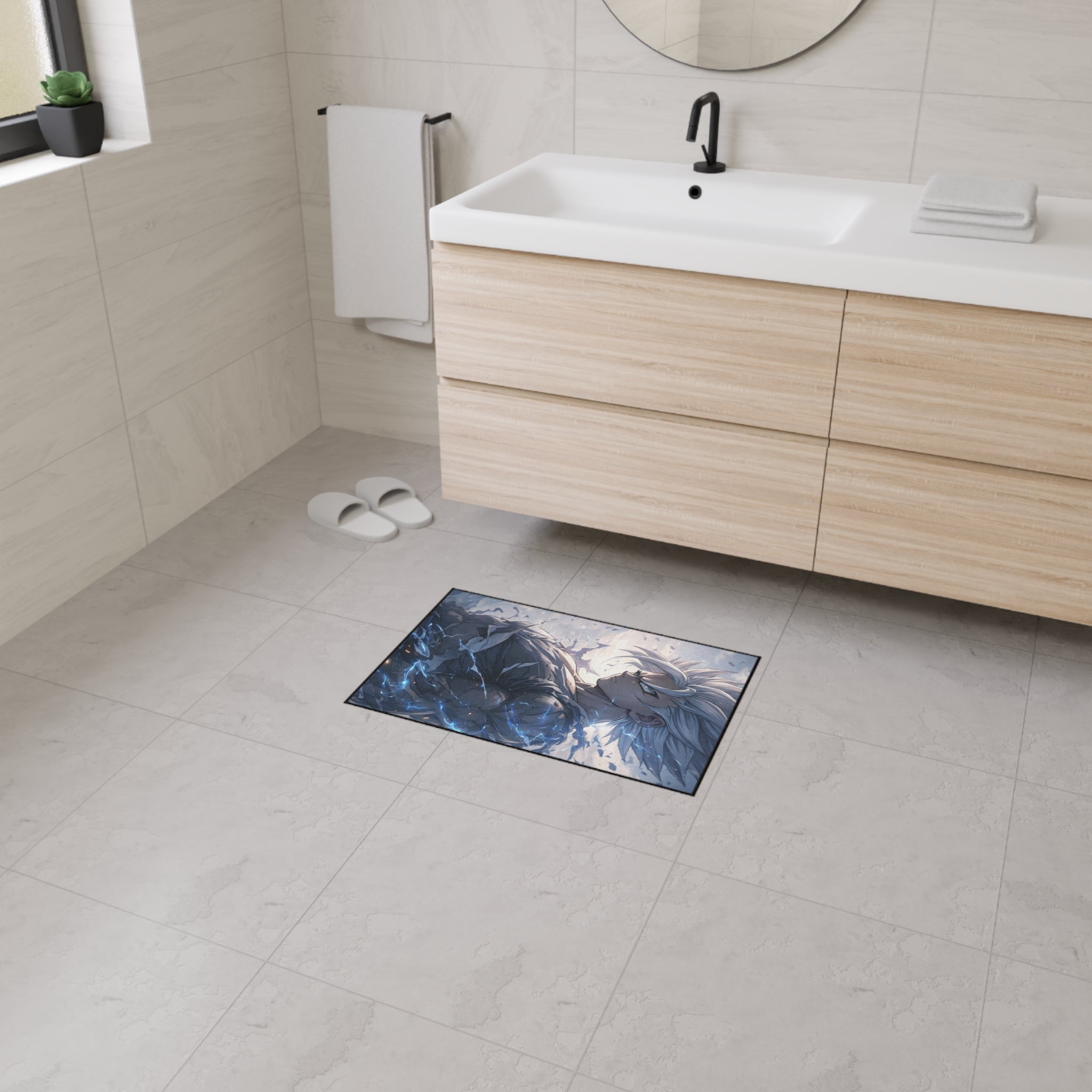 White-Haired Anime Warrior floor mat | Gaming Room Decor, Non-Slip Rug