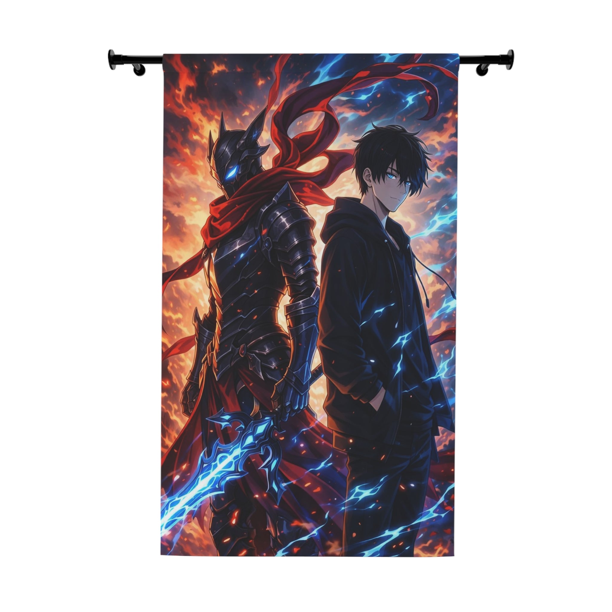 Anime Dark Knight & Hero Window Curtain – Epic Flame & Lightning Wall Drape