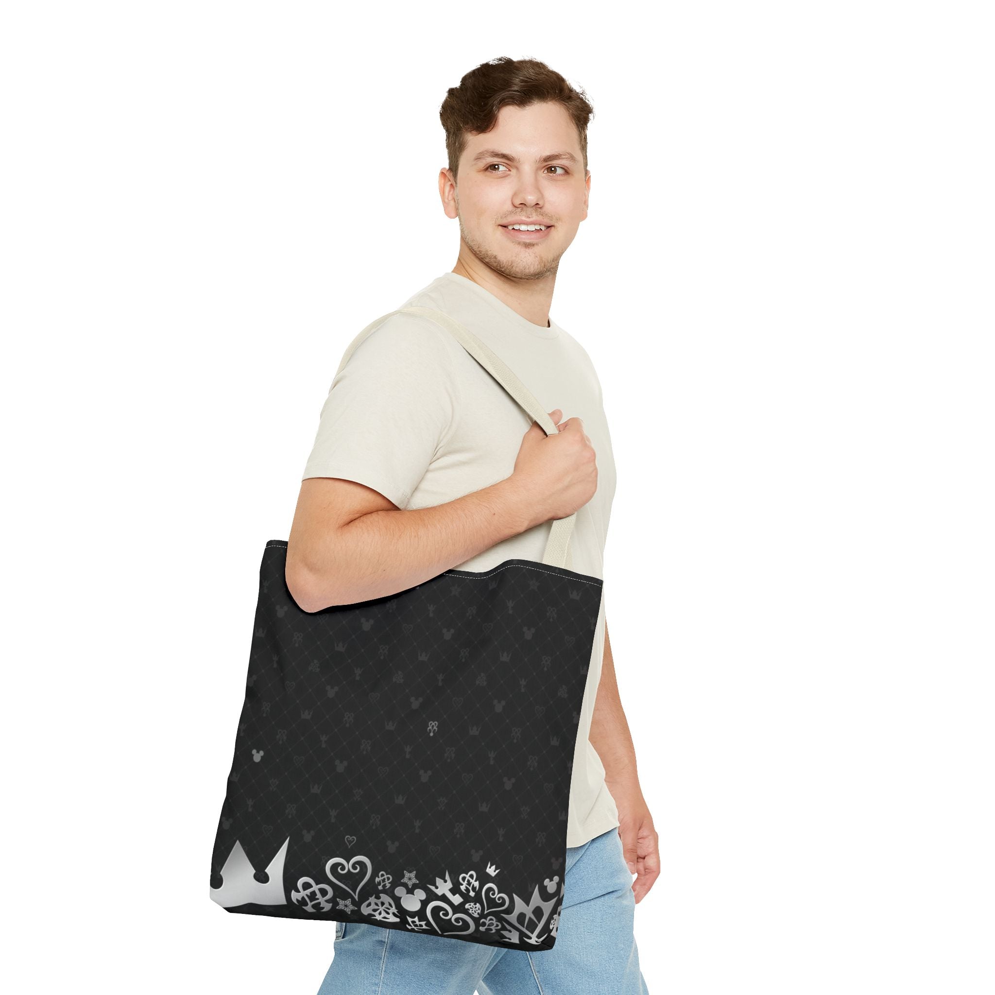 Black Heart Pattern Crown Tote Bag | Floral Border