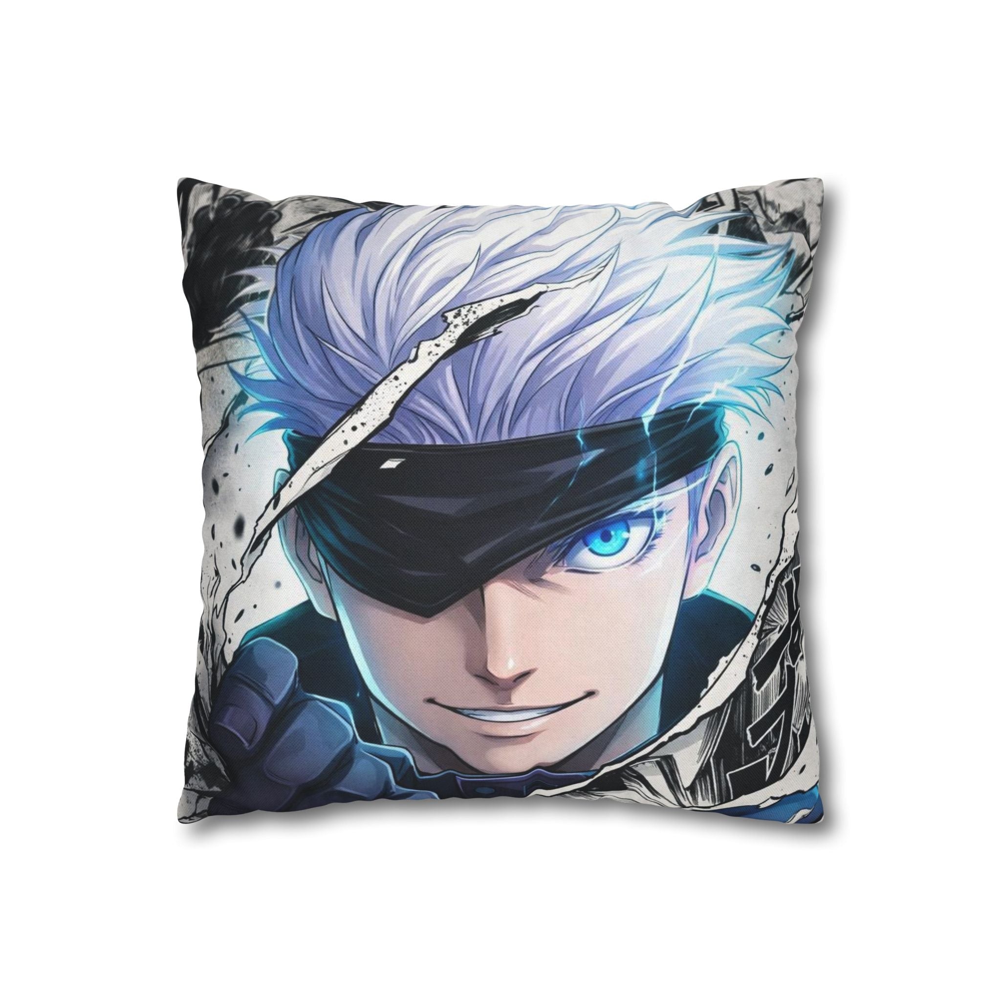 Angry Anime Warrior Spun Polyester Square Pillowcase | Blue Glowing Eyes