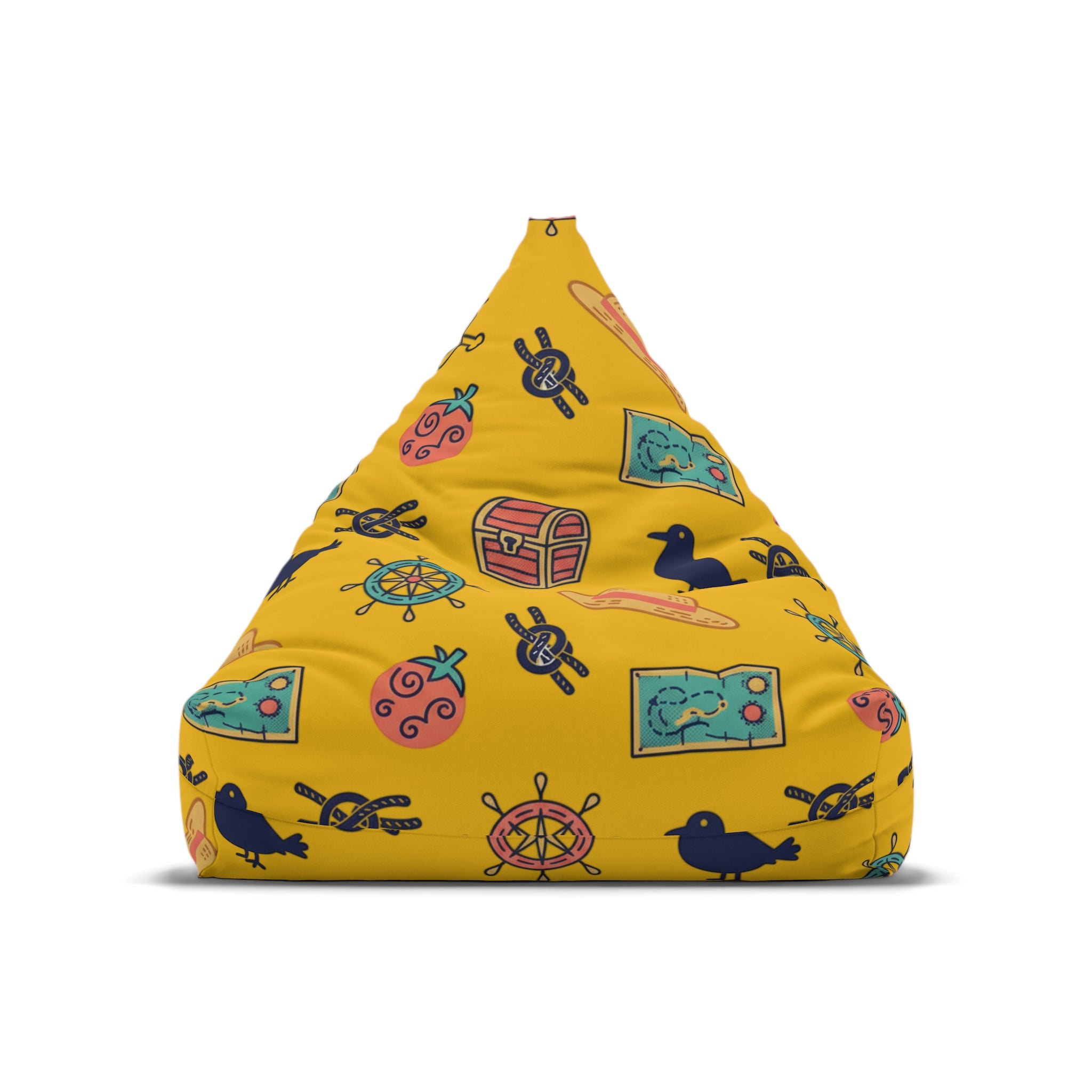 Nautical Treasure Yellow Bean Bag Cover — Pirate Map, Ship Wheel & Chest Pattern