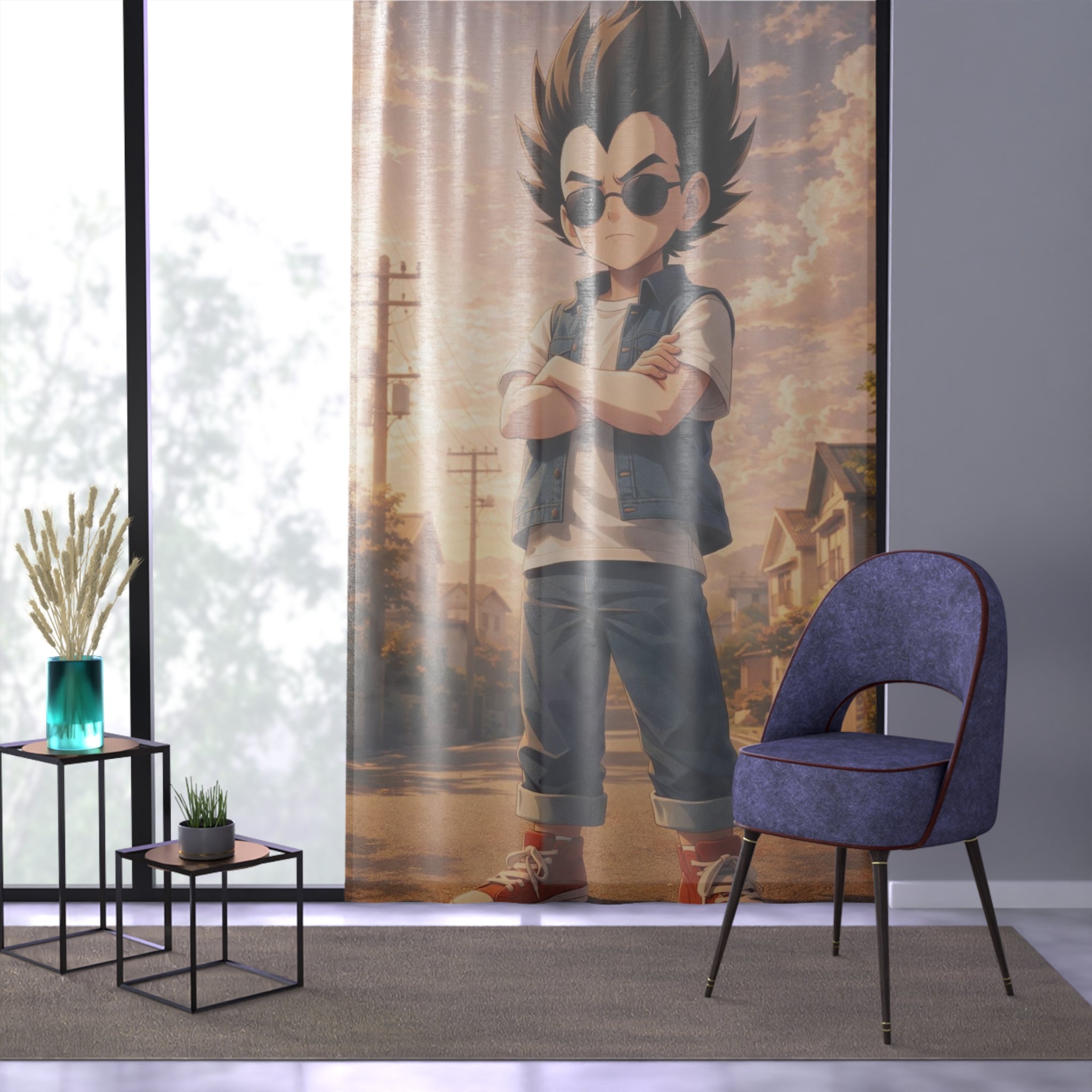 Cartoon Cool Kid Window Curtain | Anime Street Scene Sheer Panel
