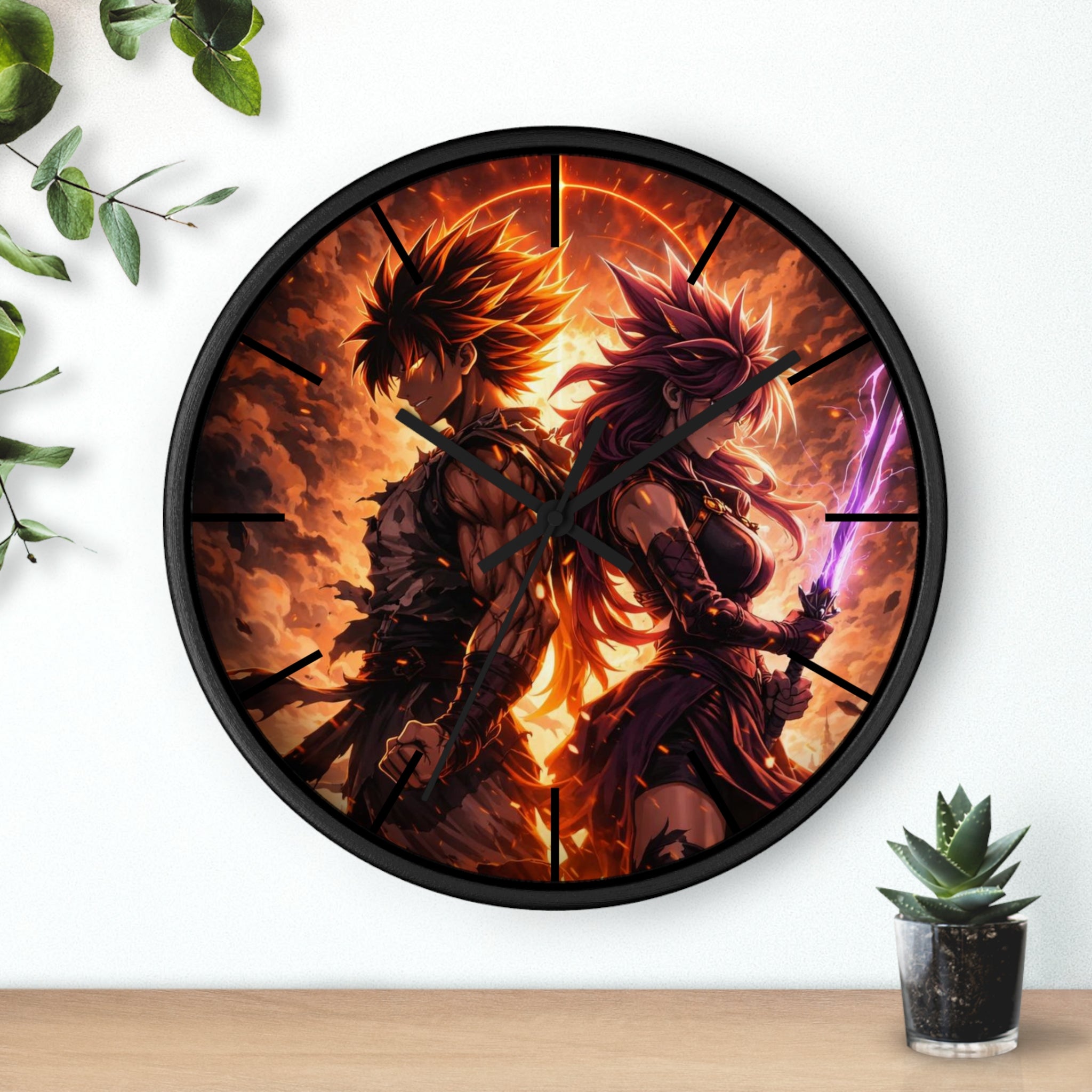 Fiery Warrior Duo Wall Clock | Fantasy Anime Swordfighters, Glowing Battle Scene