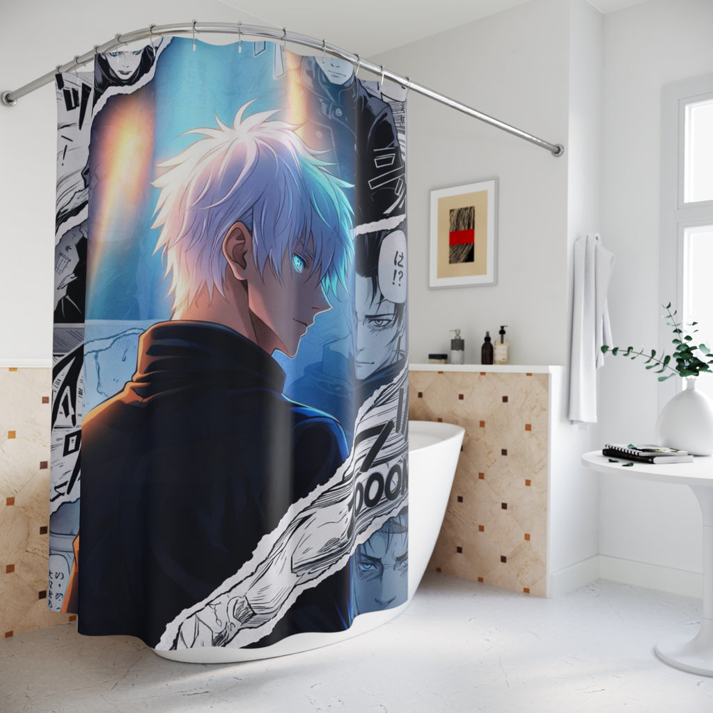 Anime Manga Character Shower Curtain | Blue-Haired Male, Comic Panel Design