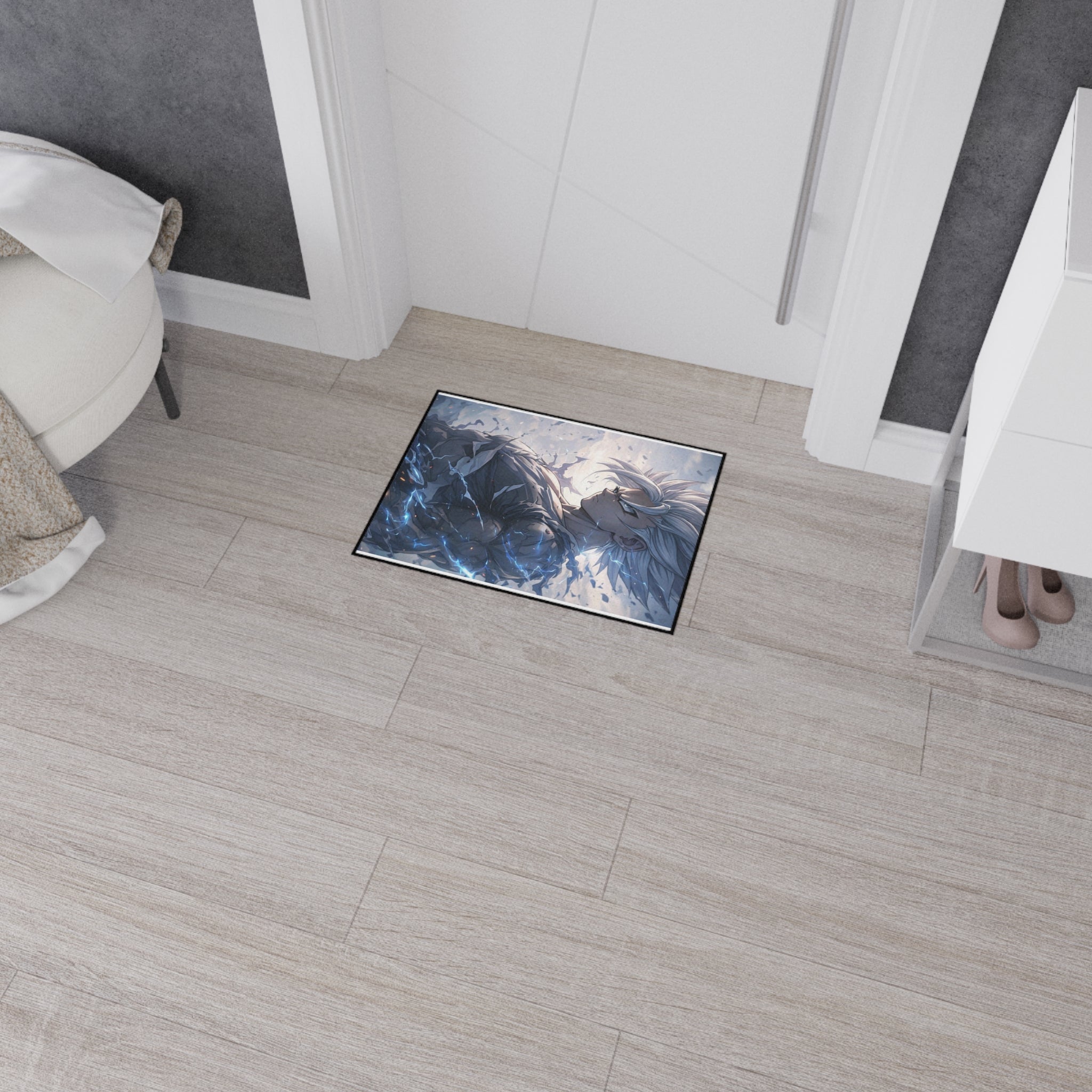 White-Haired Anime Warrior floor mat | Gaming Room Decor, Non-Slip Rug