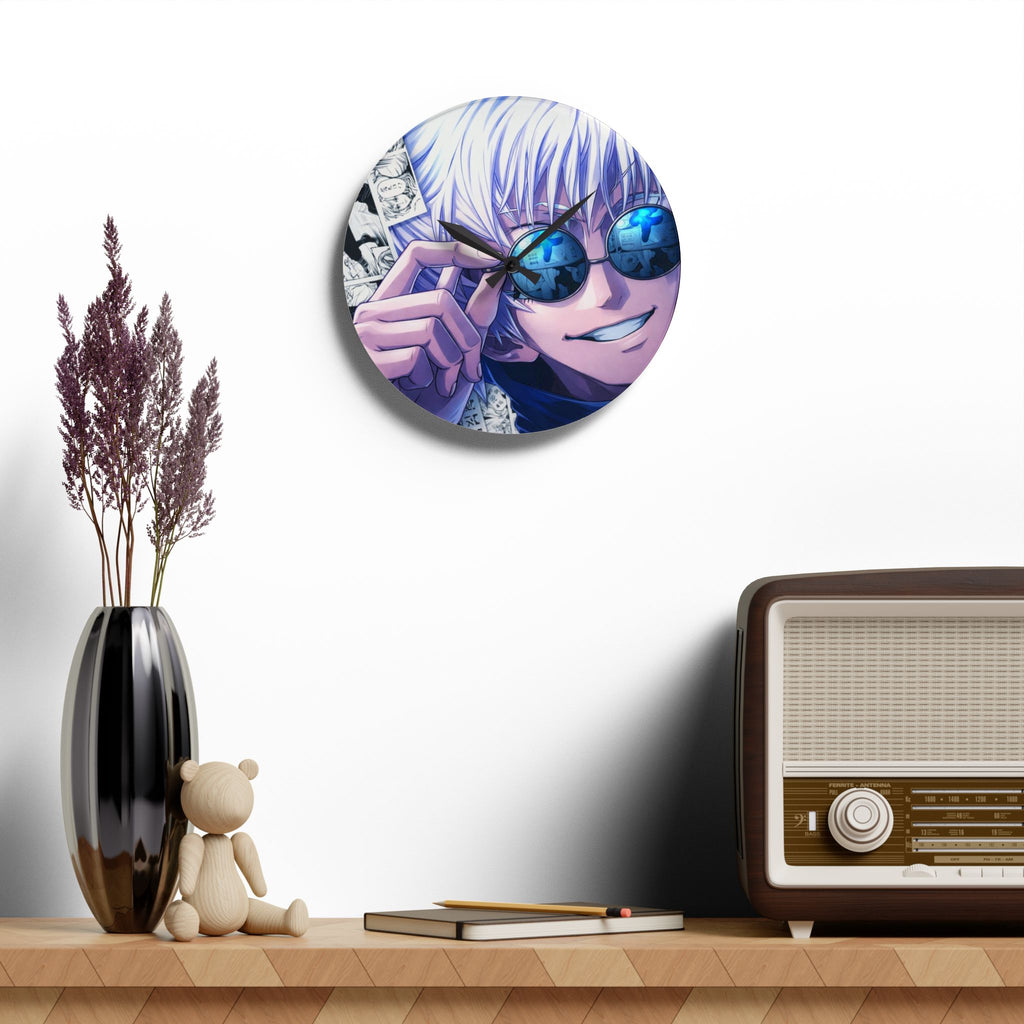 Anime Smiling Silver-Haired Character Acrylic Wall Clock | Manga Panel Background