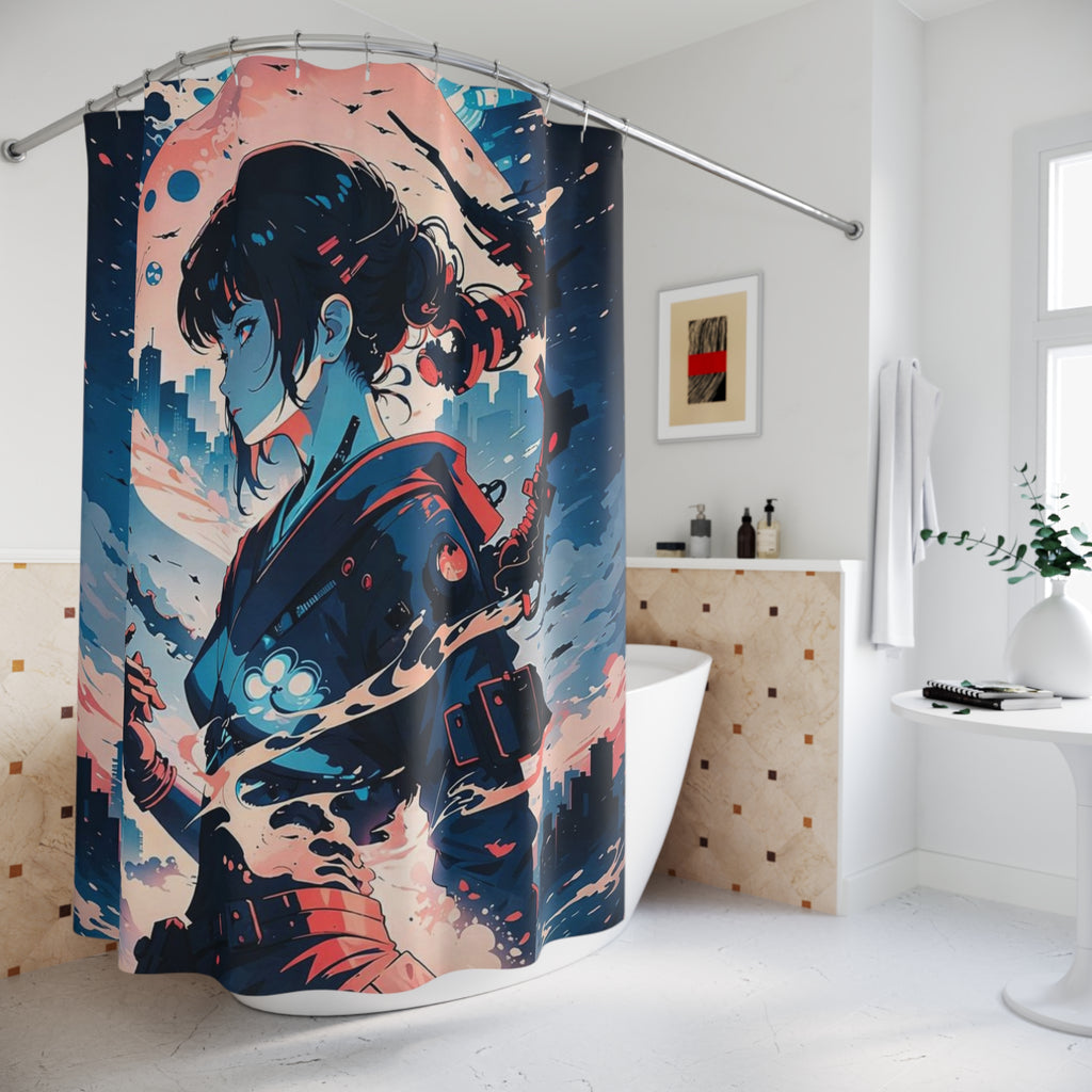 Samurai Girl Moonlight Shower Curtain | Anime Cityscape Bathroom Decor