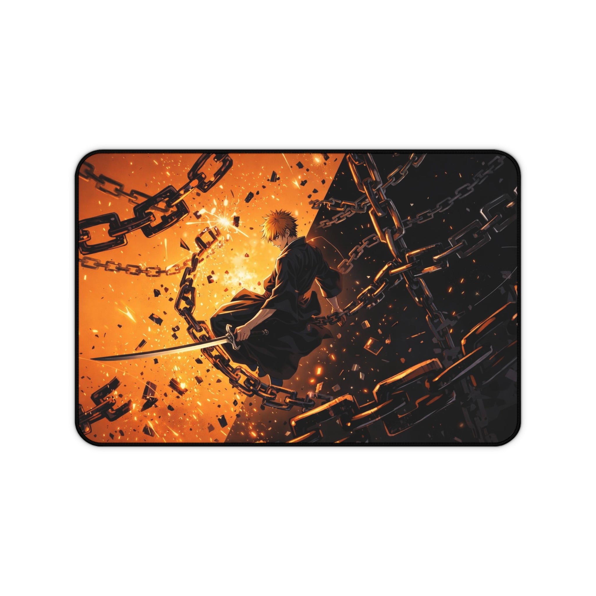Anime Sword Warrior Desk Mat — Fiery Chains Gaming Mouse Pad