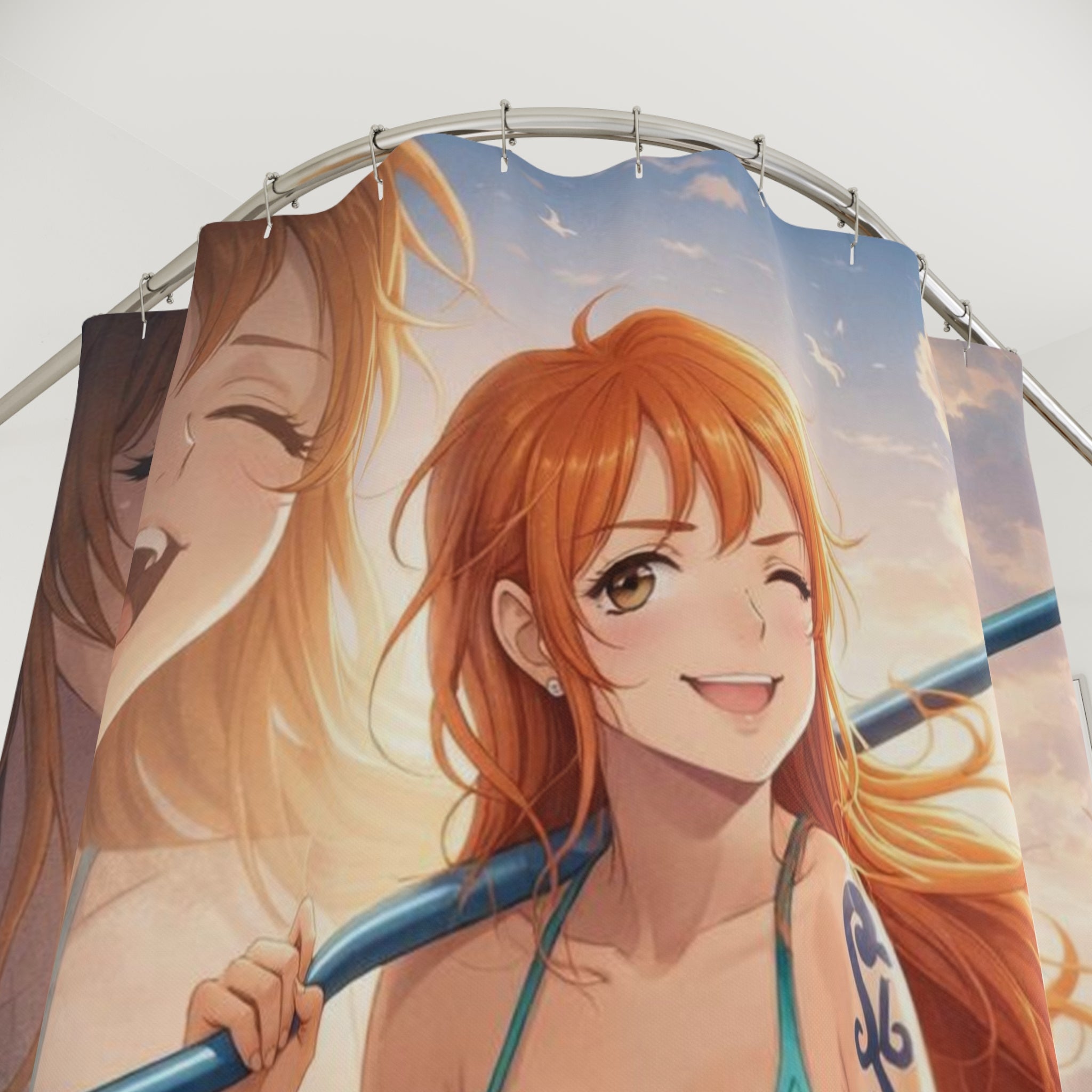 Anime Beach Shower Curtain — Cute Redhead Mermaid Swimsuit Design