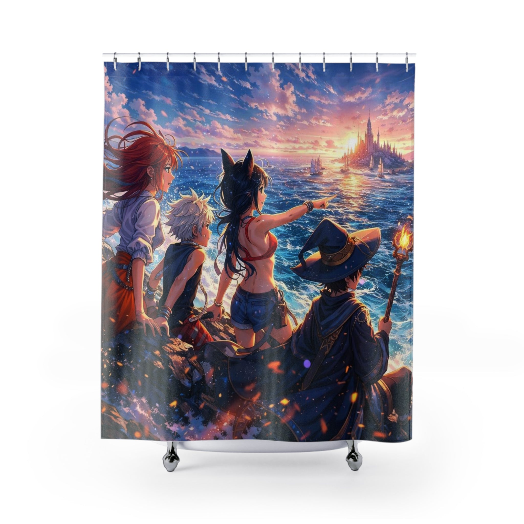 Anime Beach Sunset Crew Shower Curtain | Fantasy Ocean Scene