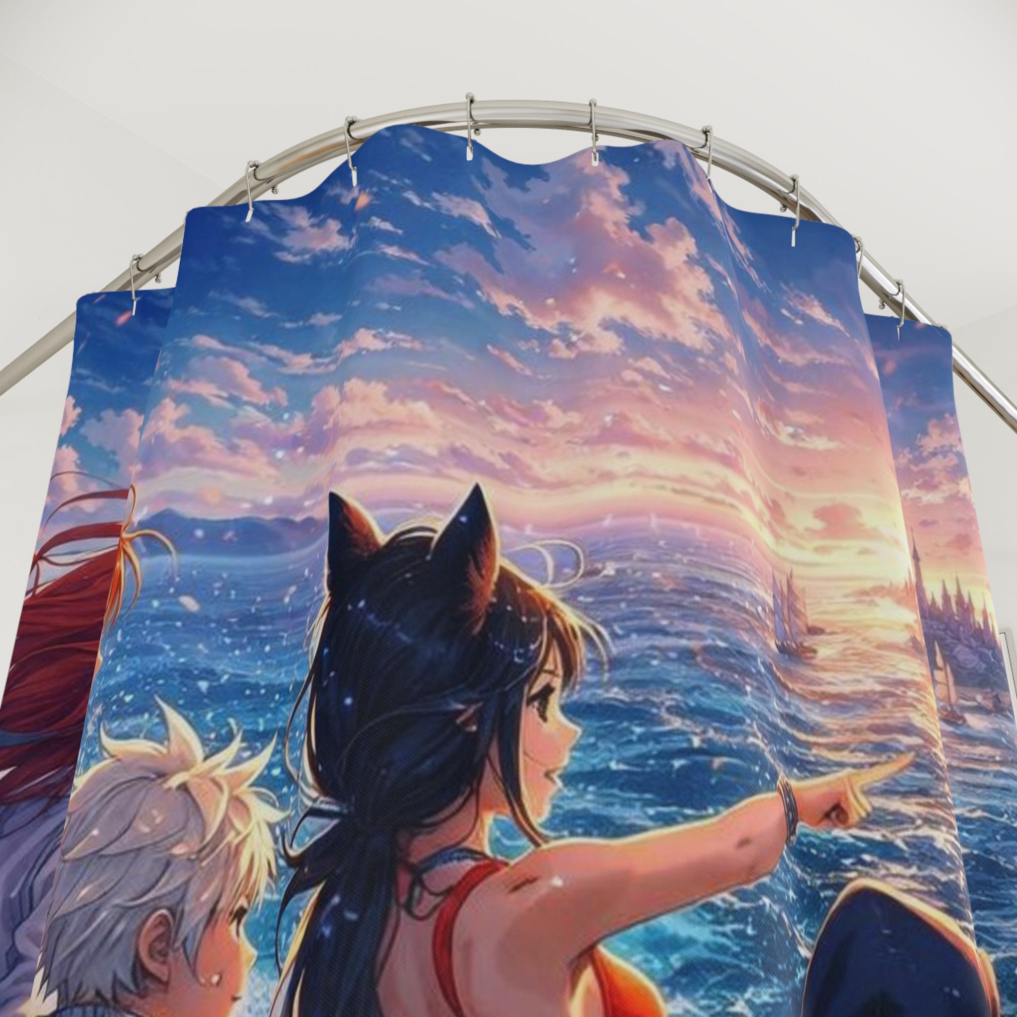 Anime Beach Sunset Crew Shower Curtain | Fantasy Ocean Scene