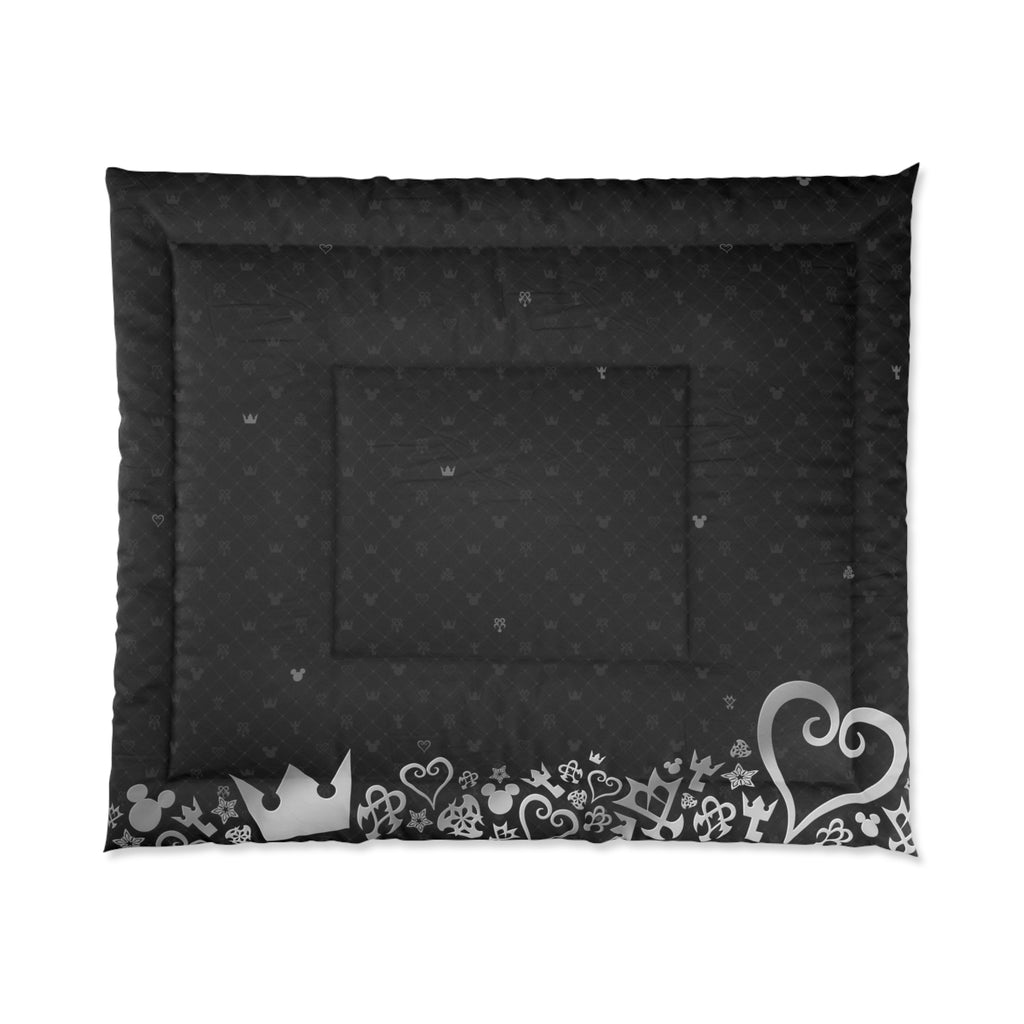 Black Heart Crown Border comforter | Floral Doodle Pattern, Monochrome Bedding