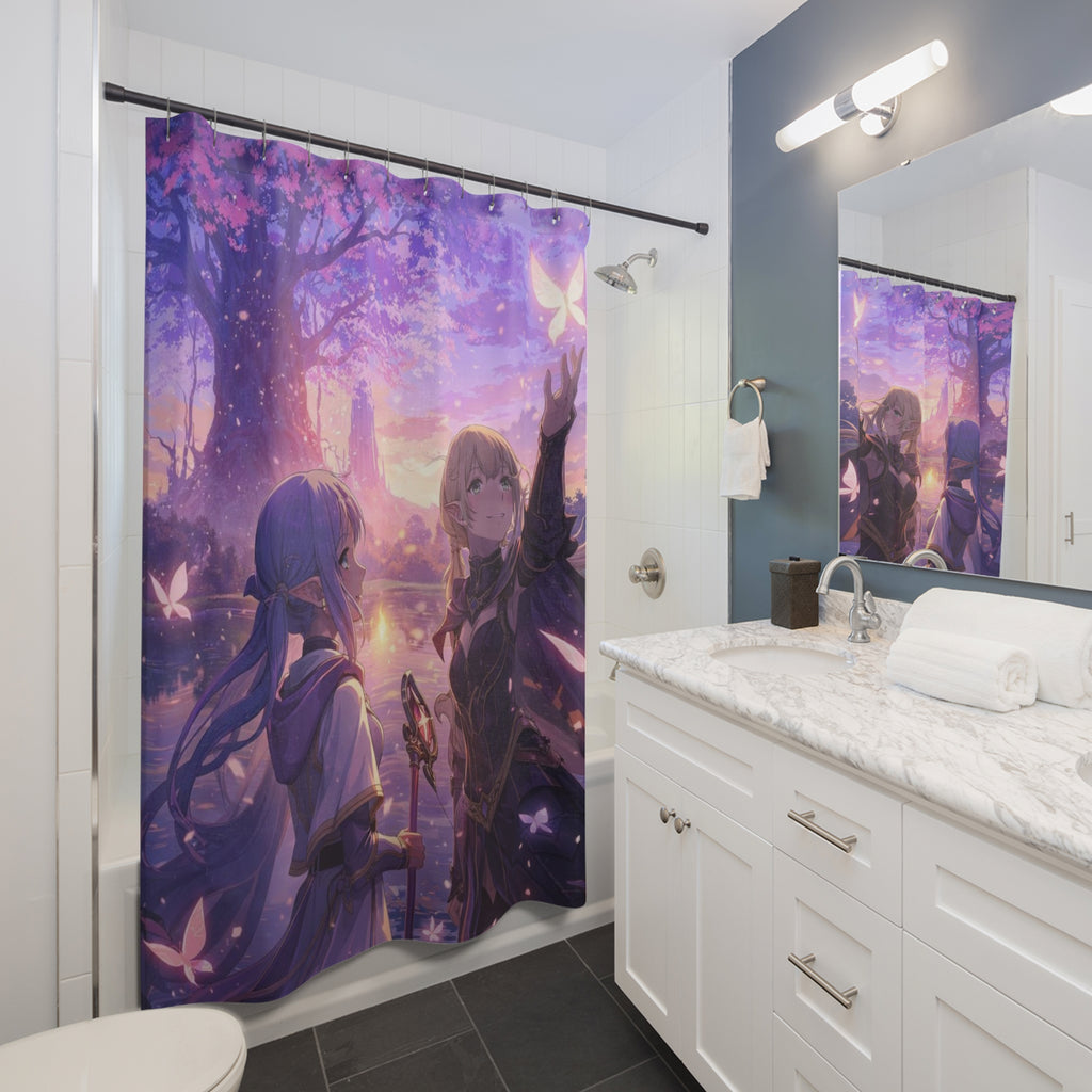 Anime Fantasy Shower Curtain – Twilight Forest Scene with Butterflies