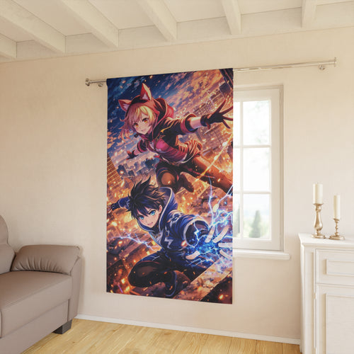 Anime Rooftop Duo Window Curtain | City Nightscape, Action Characters