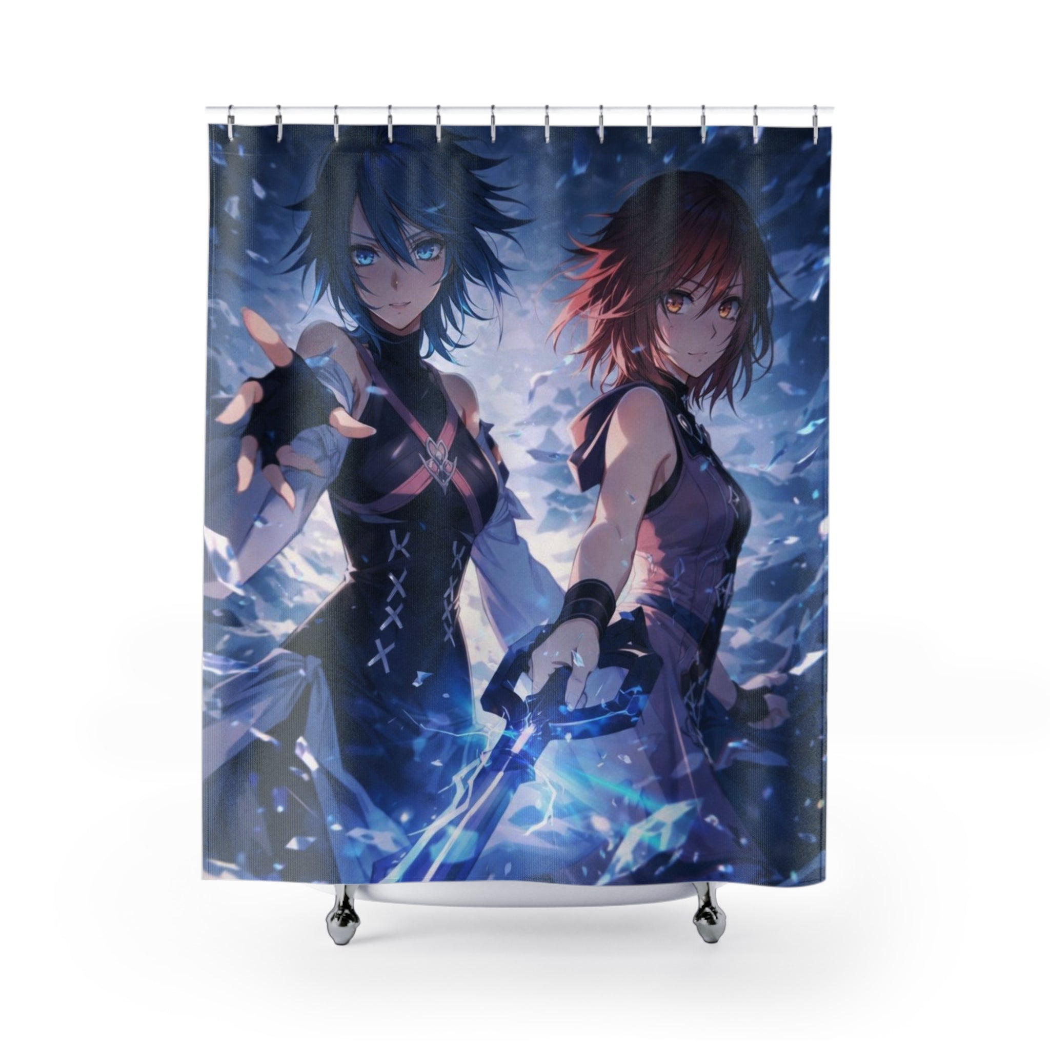 Fantasy Anime Twin Warriors Shower Curtain | Mystic Blue Character Art