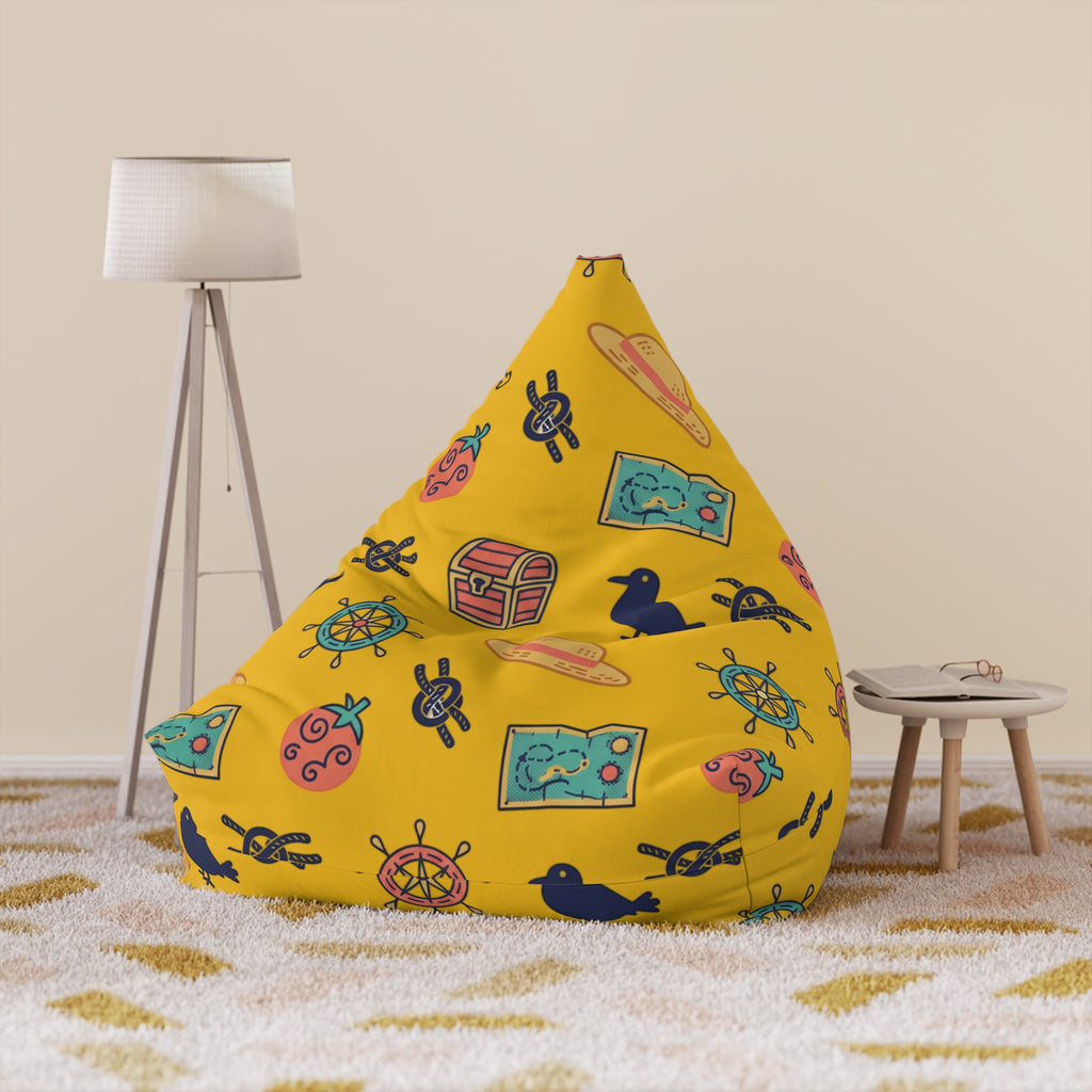 Nautical Treasure Yellow Bean Bag Cover — Pirate Map, Ship Wheel & Chest Pattern