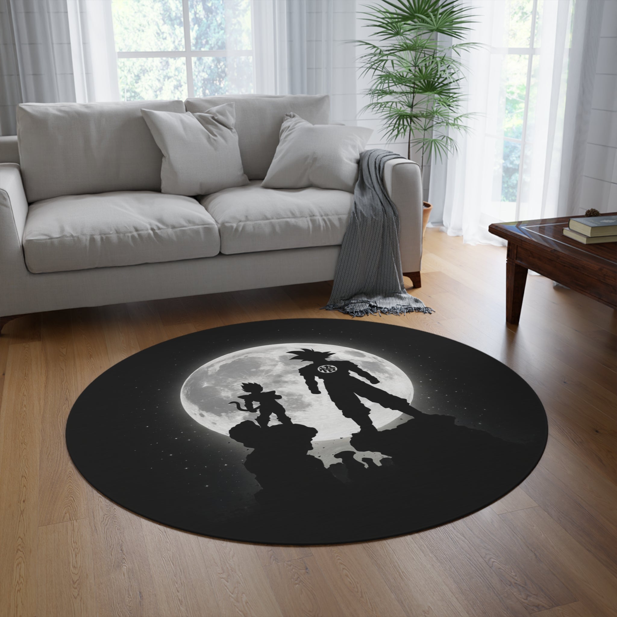 Silhouette Saiyan Moon Round Rug | Anime Dragon Warrior Moonlight