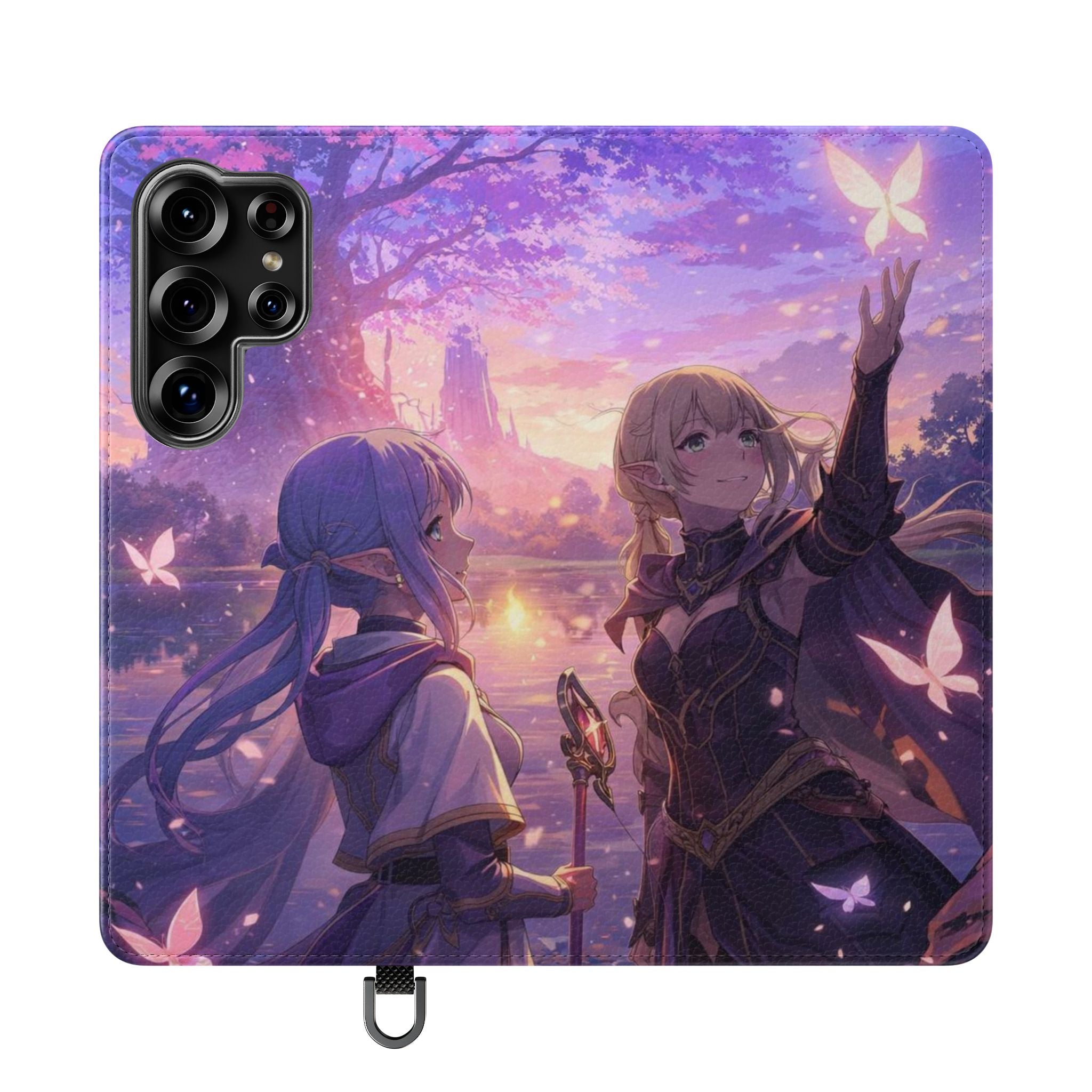 Anime Landscape Flip Phone Case — Fantasy Sunset Genshin-Style Wallet Cover