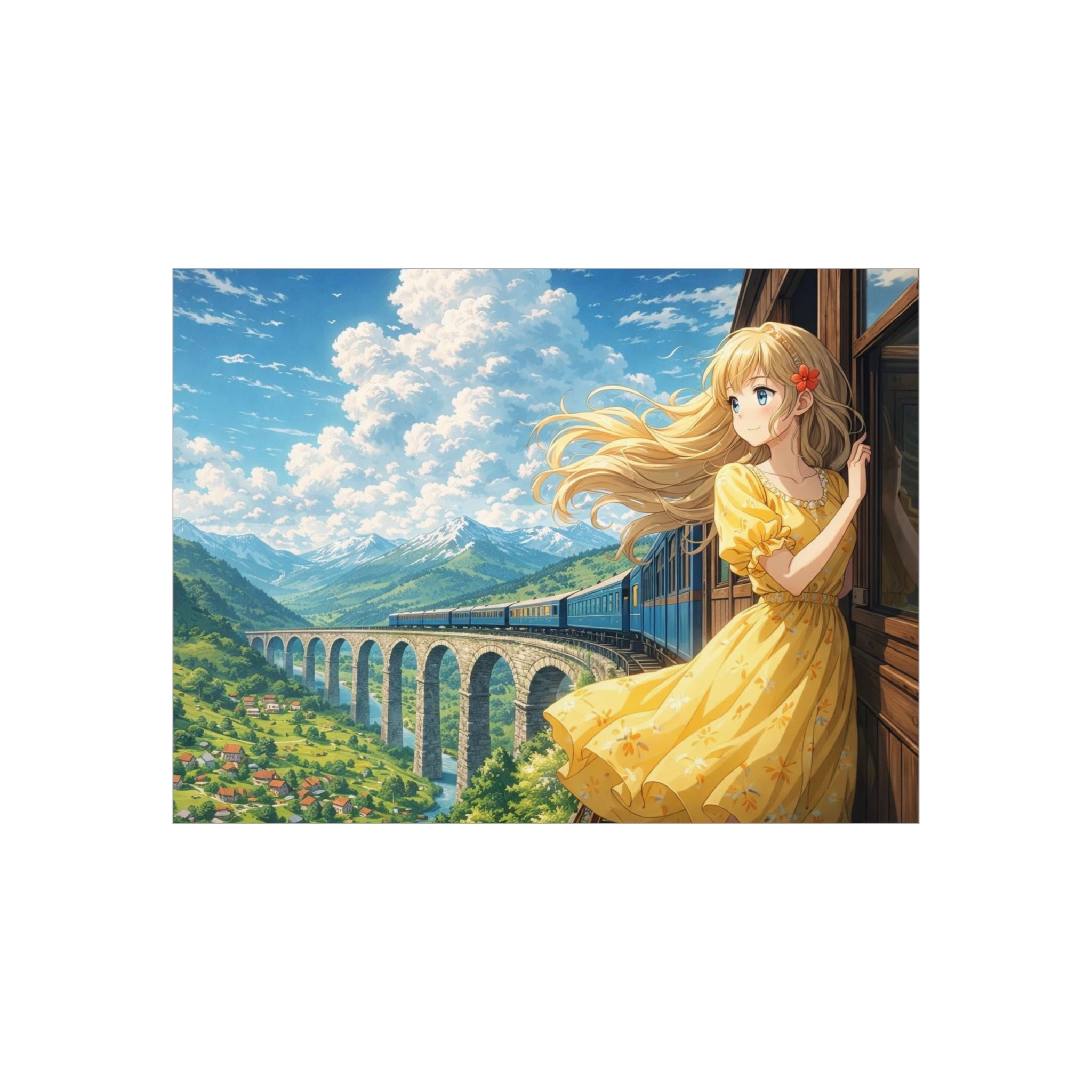 Anime Girl Train Window Foam Board Print — Scenic Summer Landscape Wall Art