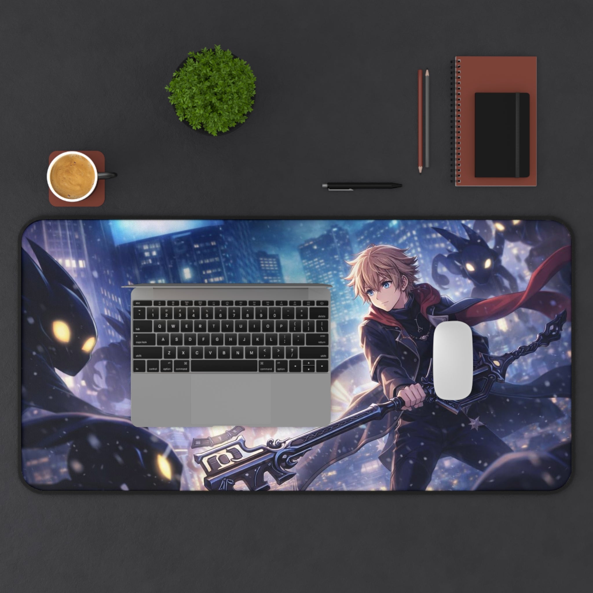 Anime Battle Desk Mat — Hero with Keyblade in Neon City