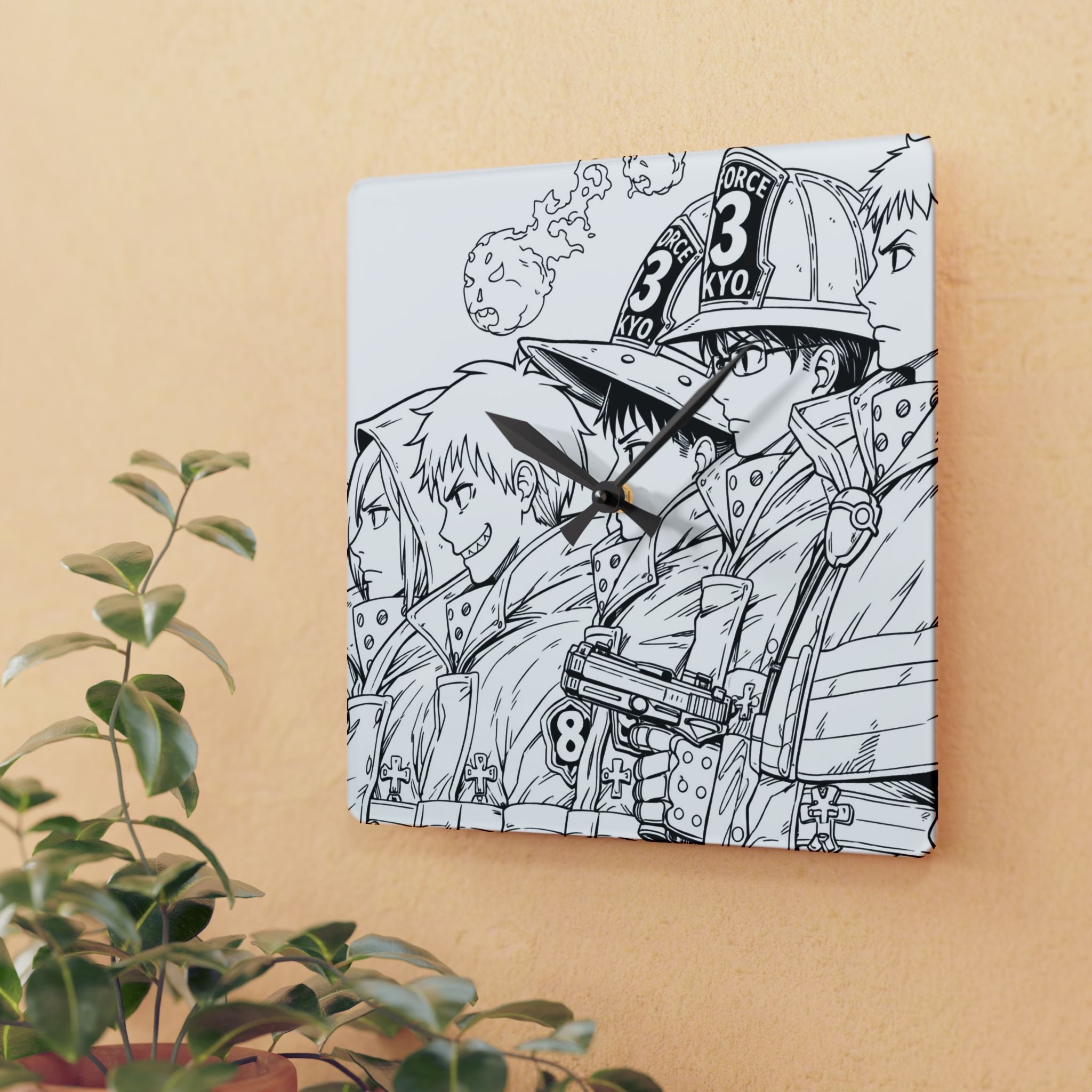 Firefighters Line Art Acrylic Wall Clock | Anime Squad Sketch