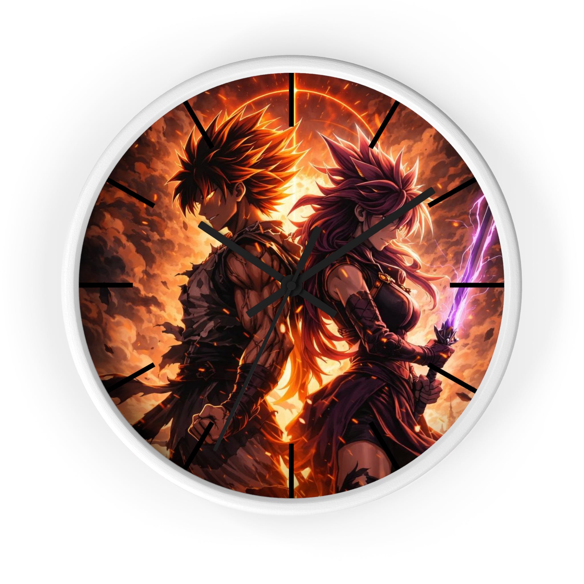 Fiery Warrior Duo Wall Clock | Fantasy Anime Swordfighters, Glowing Battle Scene