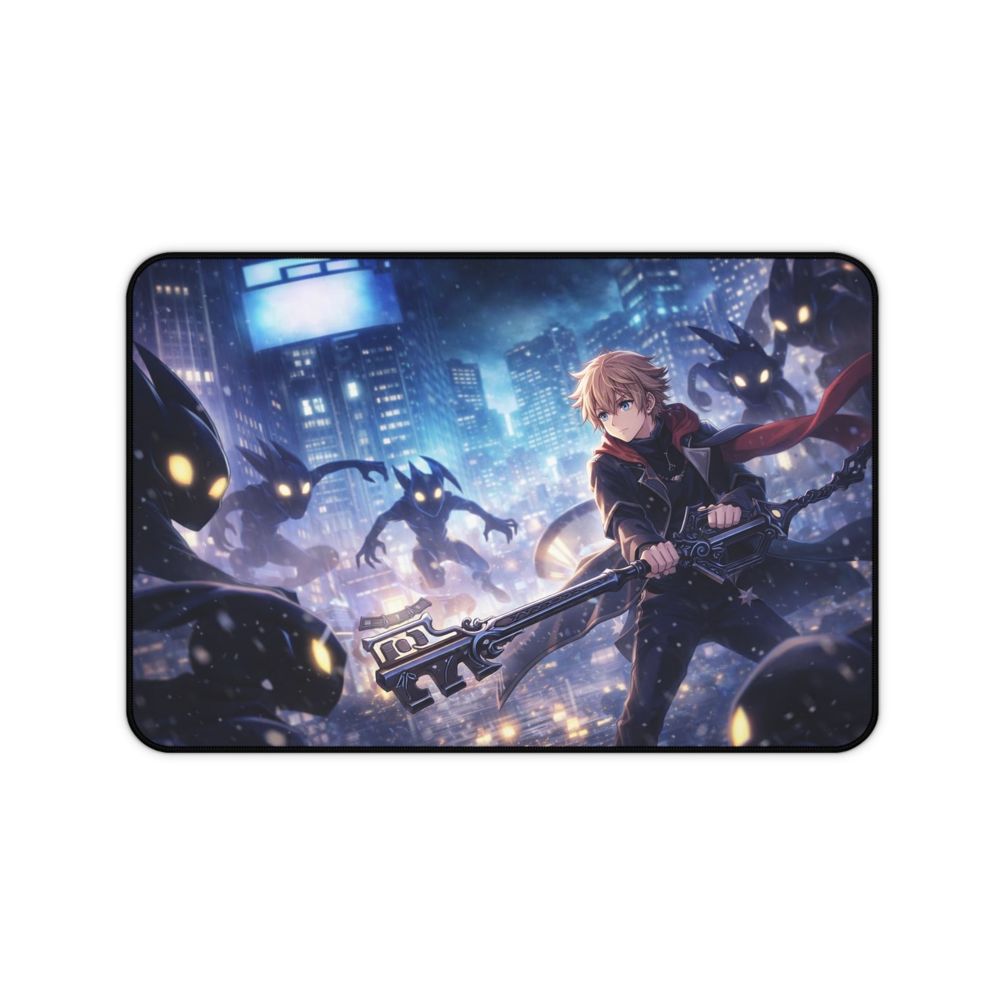 Anime Battle Desk Mat — Hero with Keyblade in Neon City